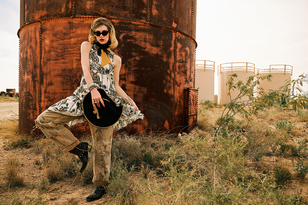 Lozzie wearing the Petrol Plaid Tunic Dress with vintage Carhartt's and Double D Ranch jewelry & accessories. 