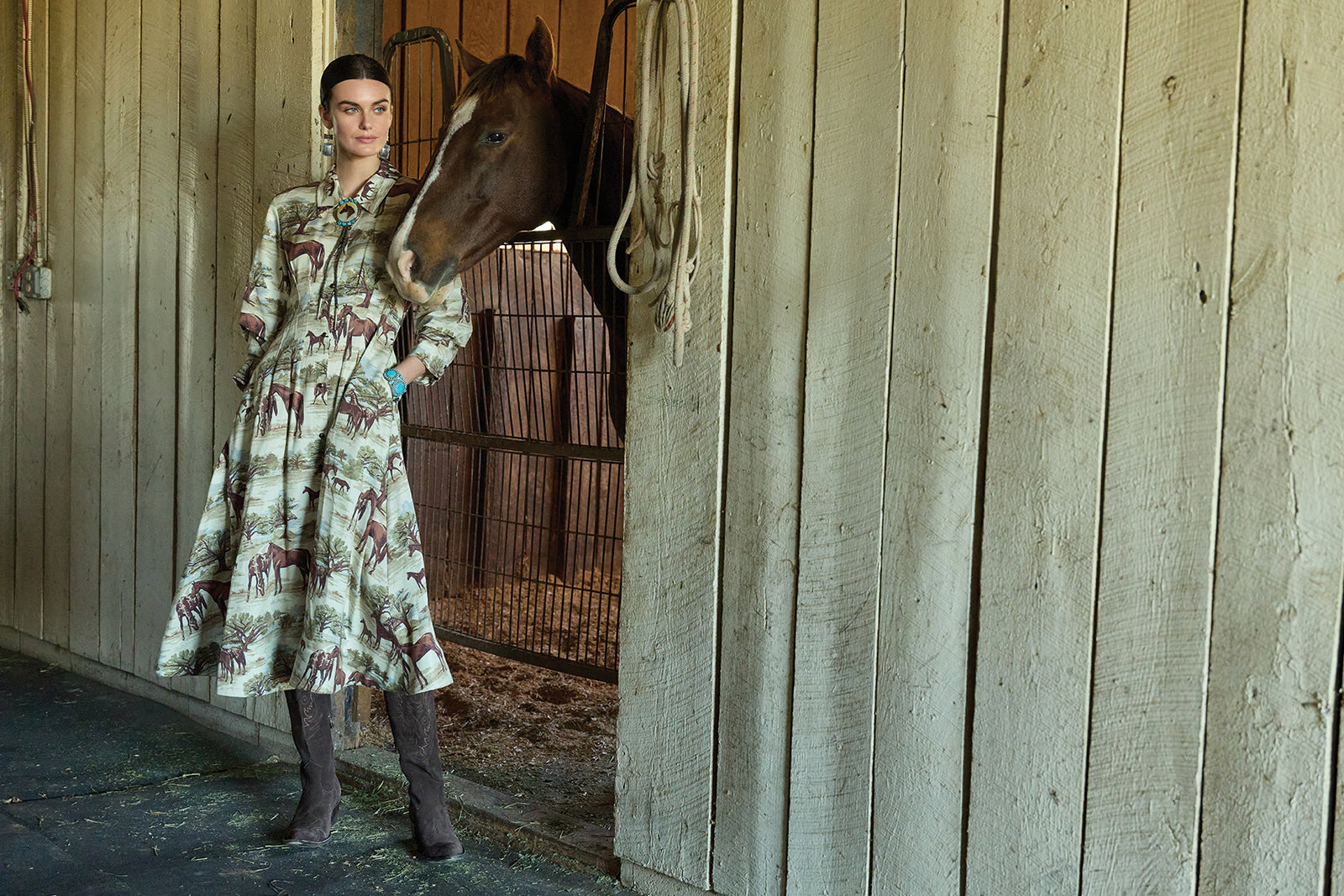 Kaylin wearing the Horsiculutre Dress with Double D Ranch jewelry.