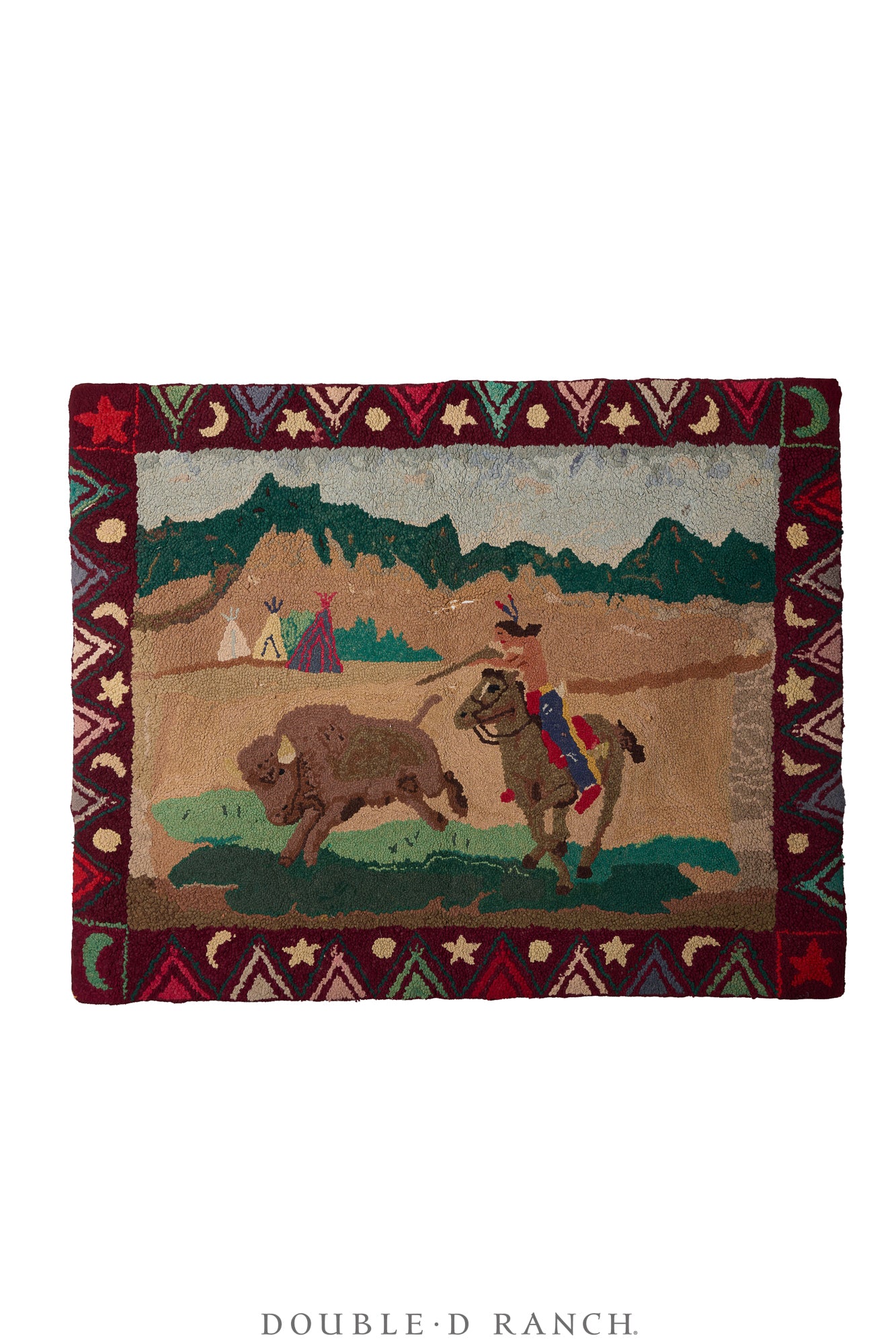 Art, Folk Art, Rug, Hooked, Buffalo Hunt, Vintage, 1331