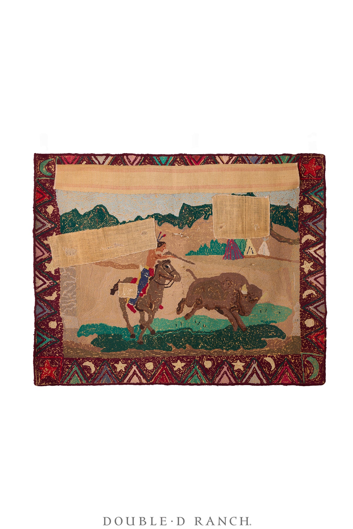 Art, Folk Art, Rug, Hooked, Buffalo Hunt, Vintage, 1331