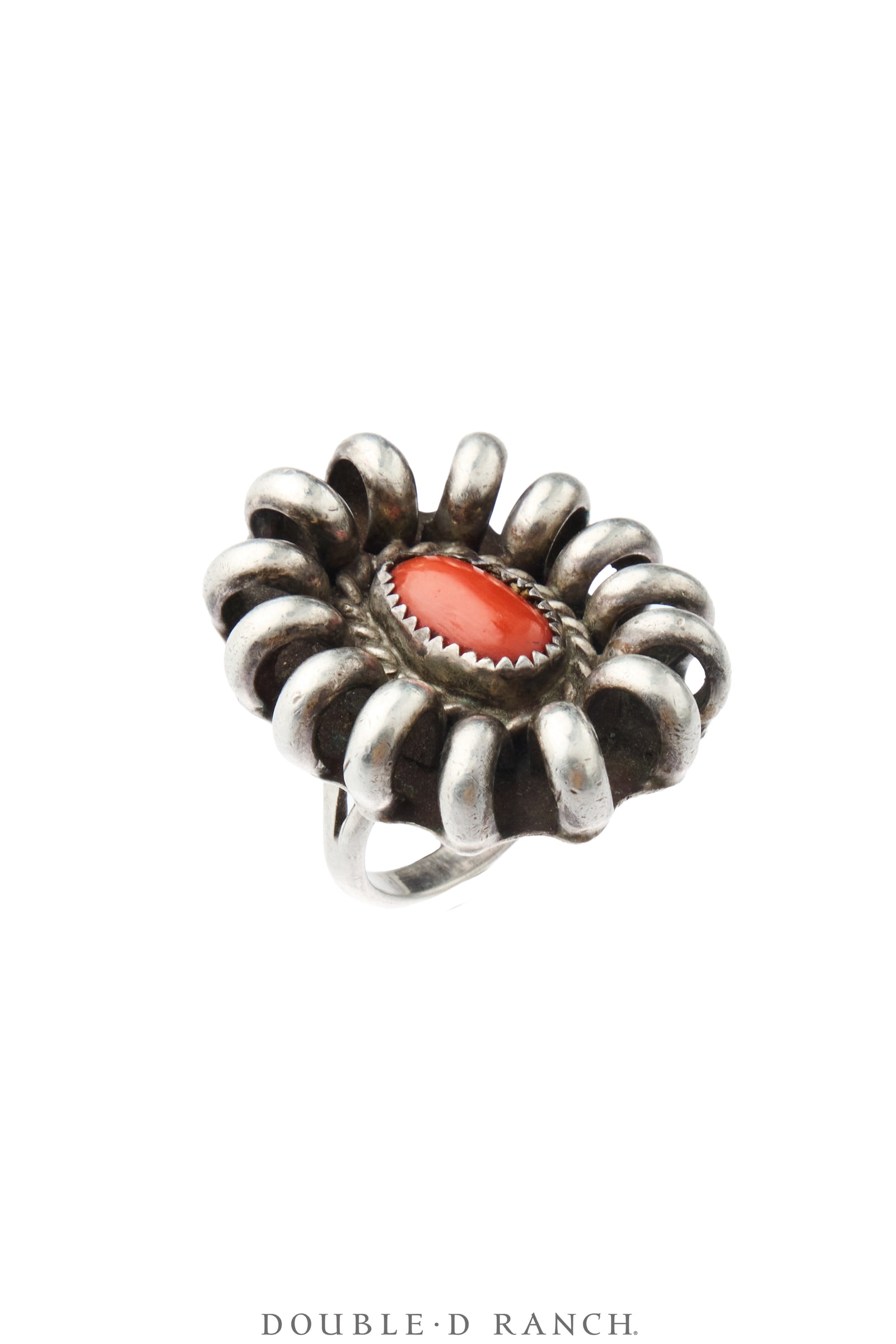Ring, Natural Stone, Coral, Looped Sterling Silver Setting, Hallmark, Vintage, 2175