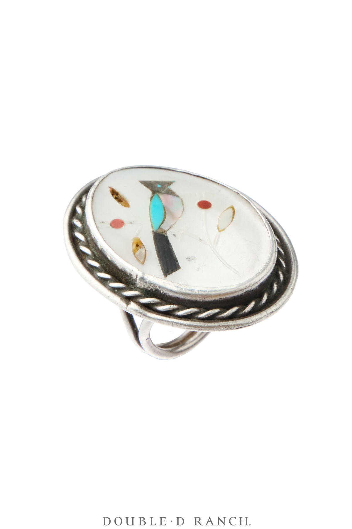 Ring, Inlay, Mother of Pearl & Other Southwest Stones, Peyote Water Bird, Sans Hallmark, Vintage ‘70s, 2186