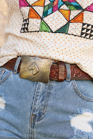 Belt, A Vintage, Buckle, Western, Horse Profile, Hand Engraved, Sterling, Vintage ‘40s, 383