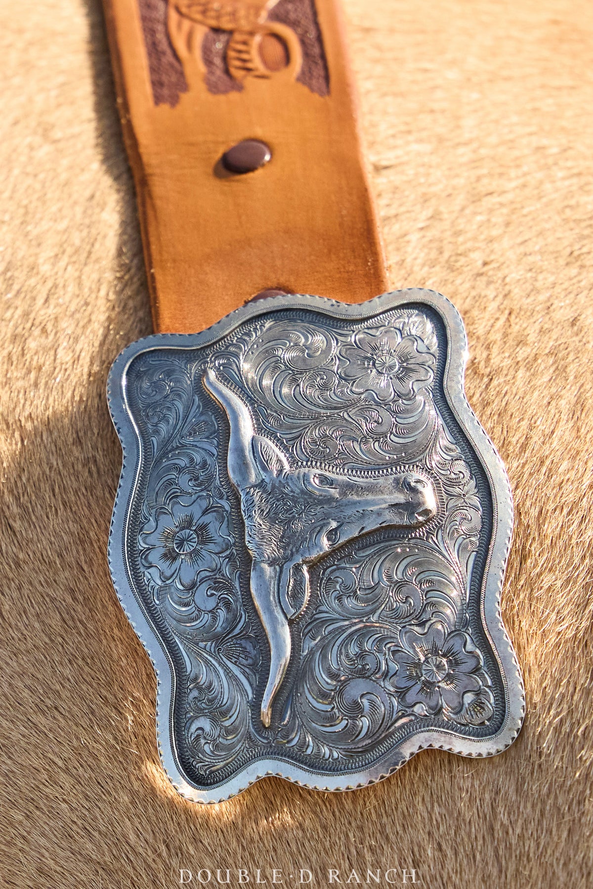 Belt, A Buckle, Western, Longhorn & Engraved Scroll, Artisan, Contemporary, 534
