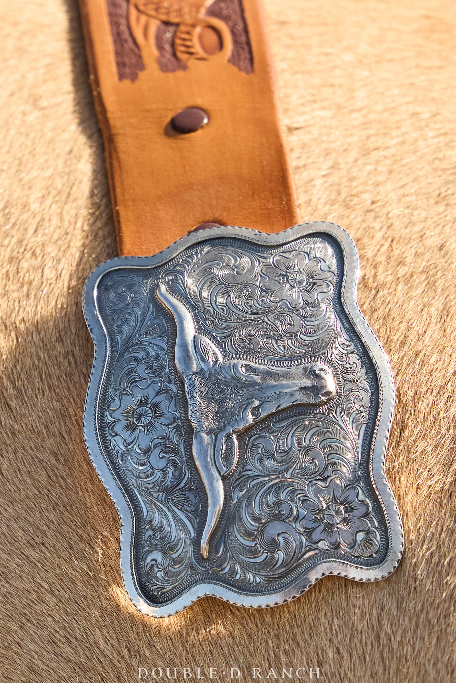 Belt, A Buckle, Western, Longhorn & Engraved Scroll, Artisan, Contemporary, 534