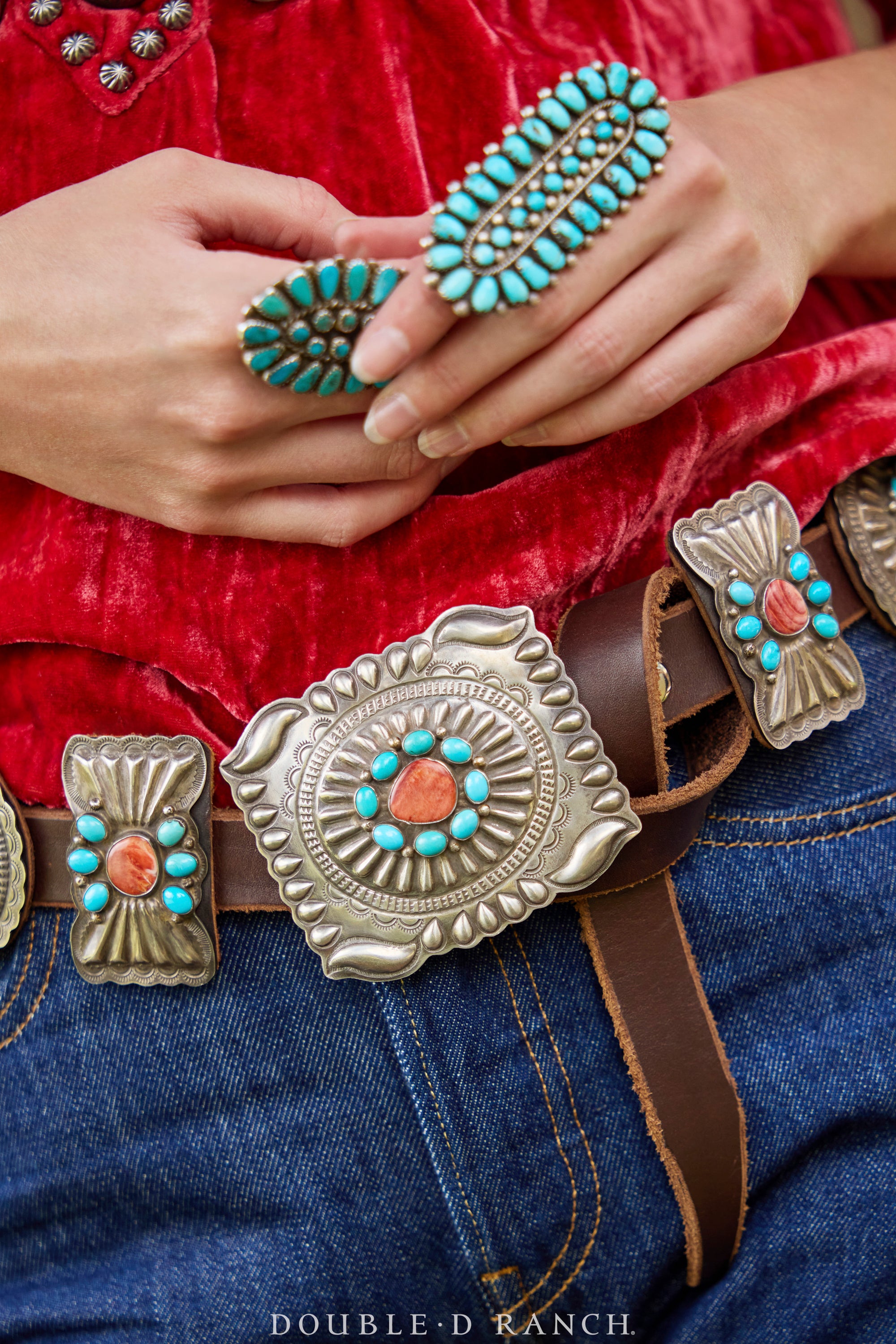 Belt, Concho, Turquoise & Orange Spiny Oyster, Hallmark, Contemporary, 522