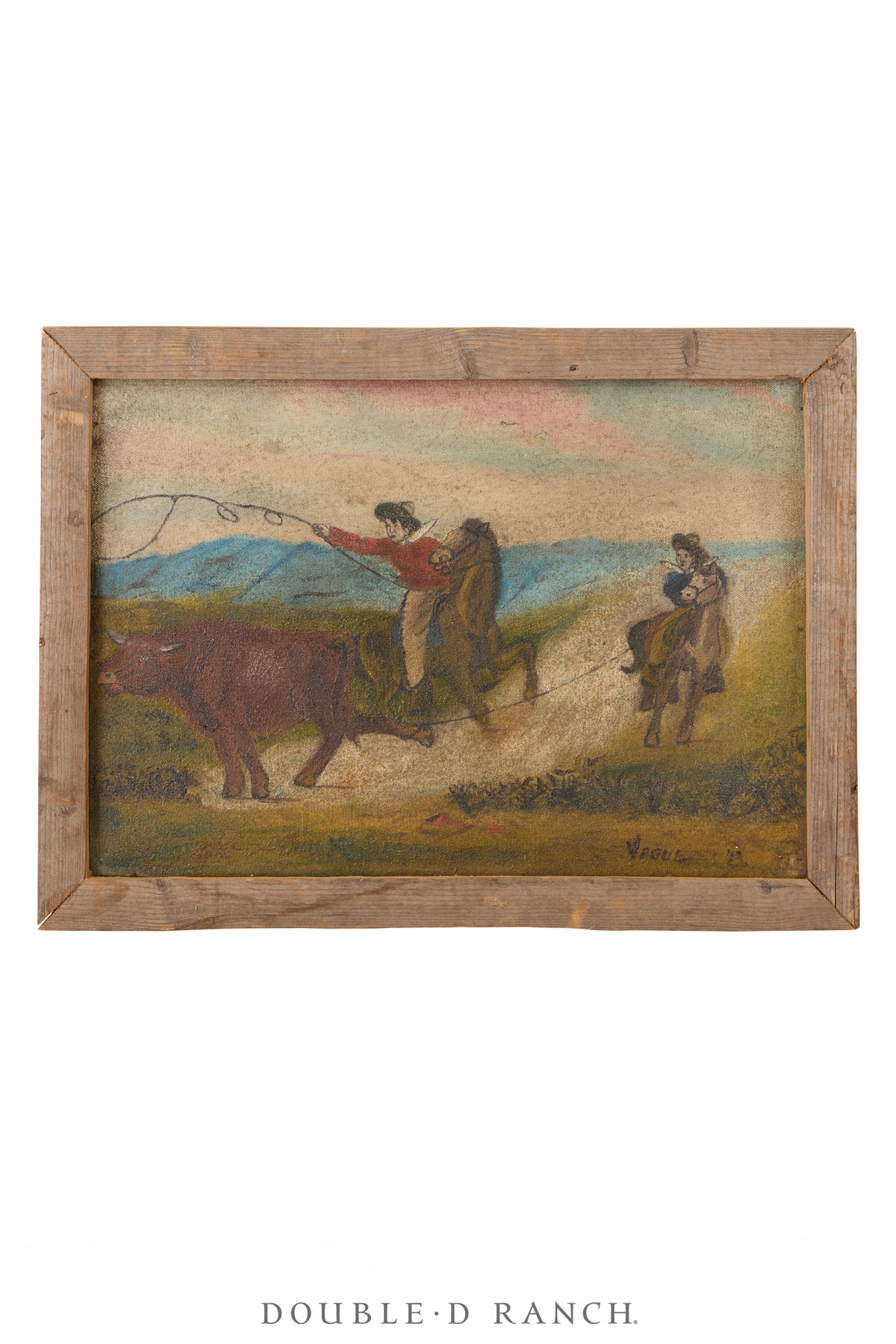 Art, Oil on Canvas, Cowboys Roping a Steer, Signed, Vintage, Early 20th Century, 1351