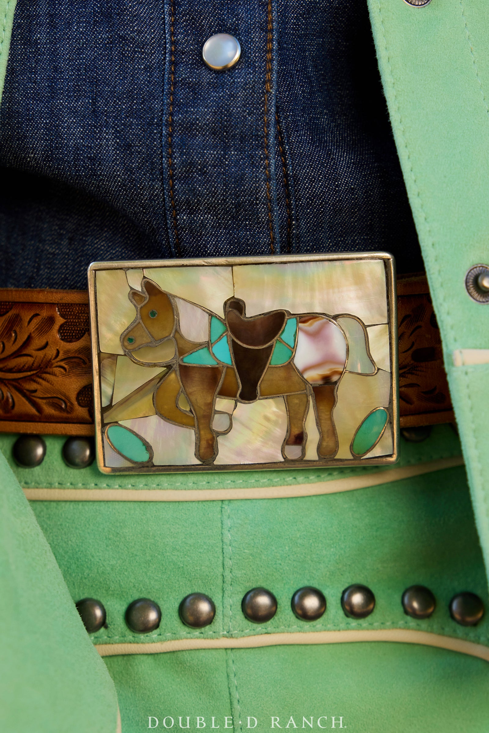 Belt, A Vintage, Buckle, Inlay, Horse, Nora Leekity Hallmark, Vintage, 602