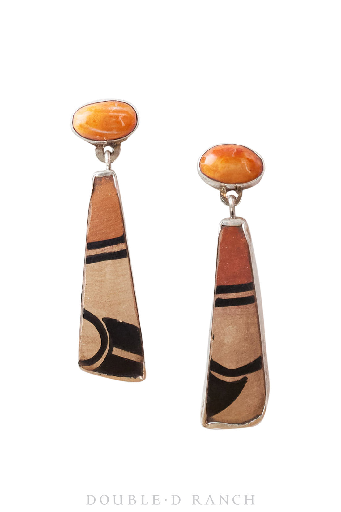 Earrings, Oscar Betz, Triangle, Pottery Shards & Orange Spiny Oyster, Hallmark, Contemporary, 1310C