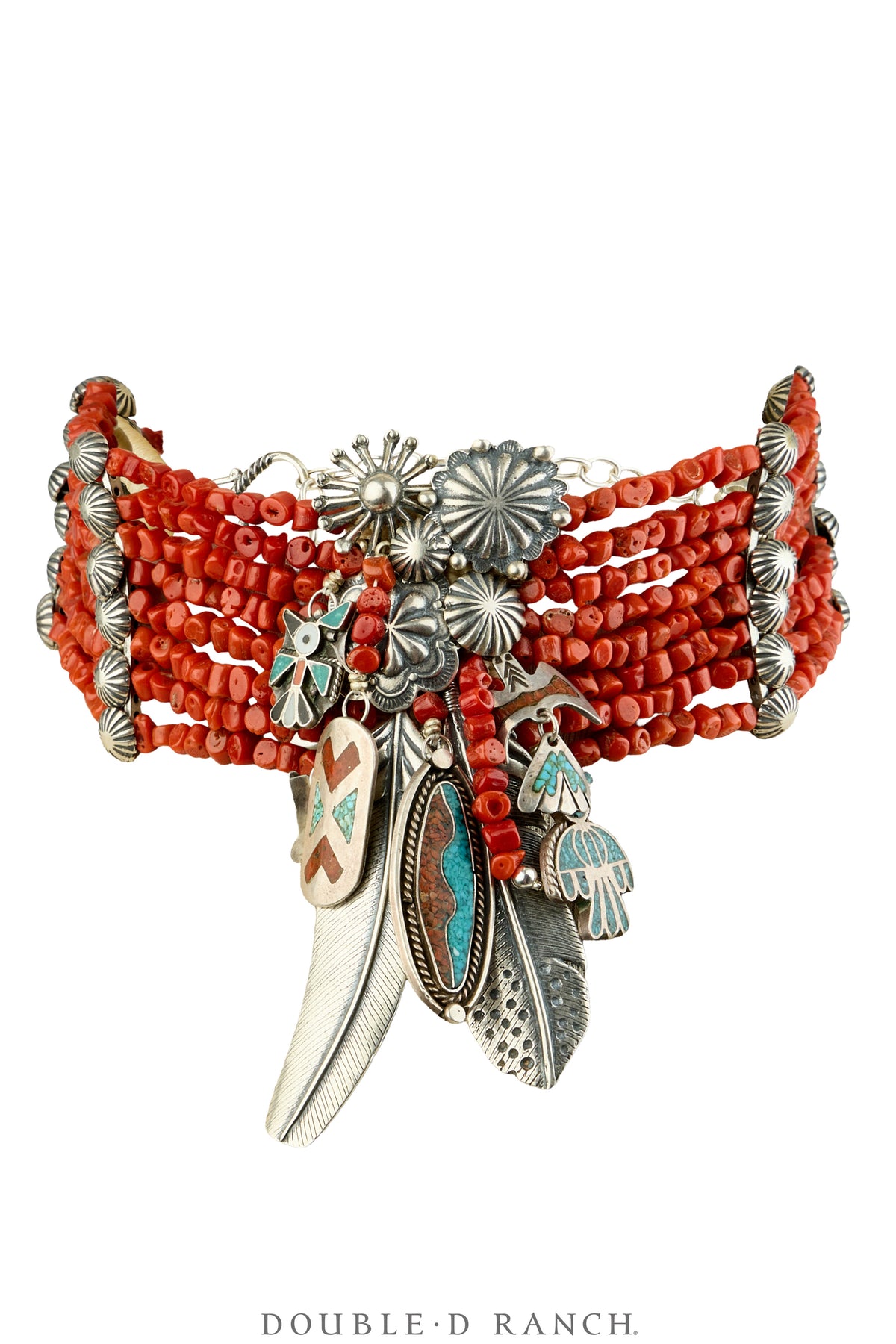 Necklace, MB, Choker, Aguilar, Coral With Up-Cycled Vintage Inlay Charms, Contemporary, 142F