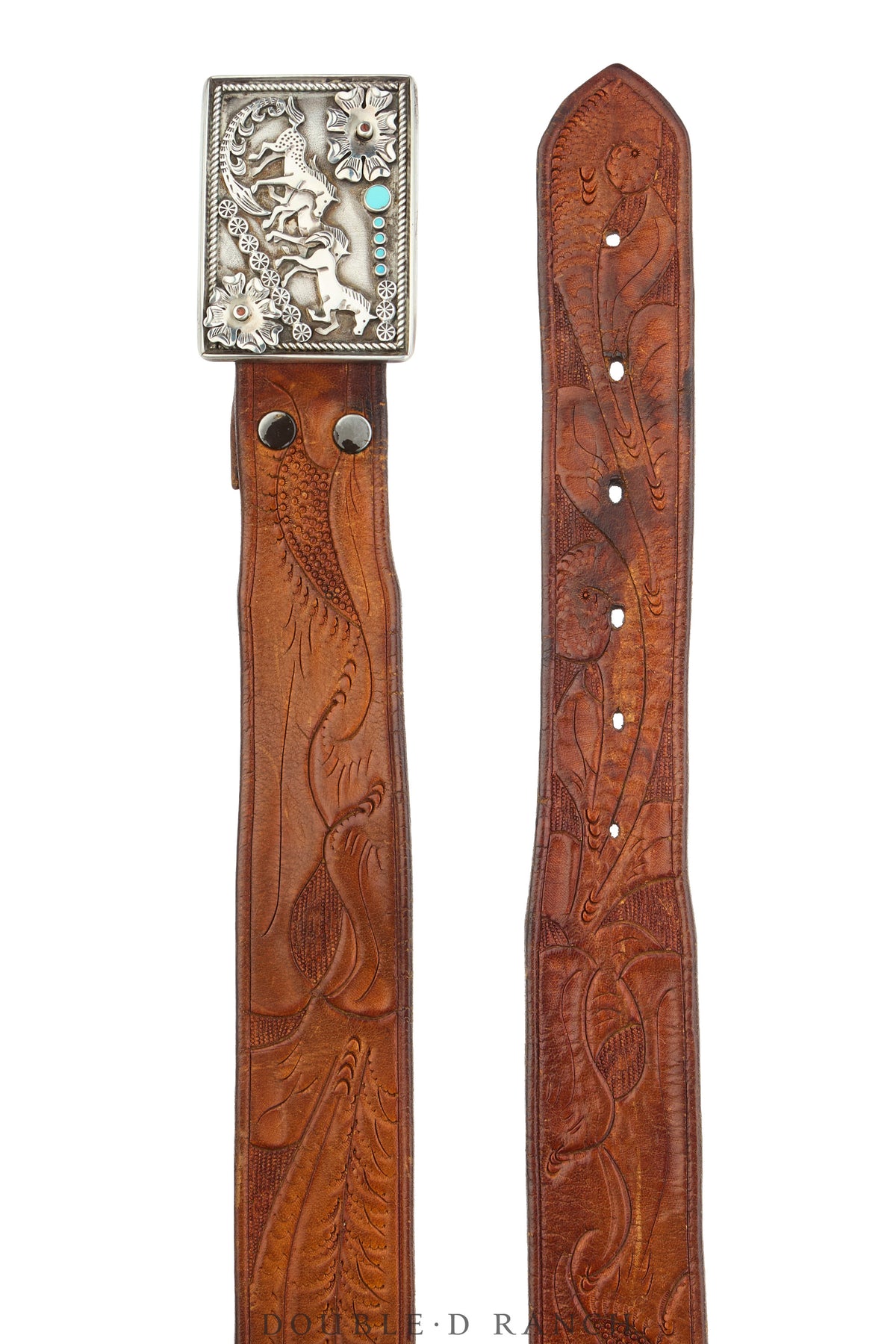 Belt, A Vintage, Buckle,  Concho, Turquoise &amp; Coral, Horse &amp; Floral Appliqué, Hallmark, Vintage, 1050