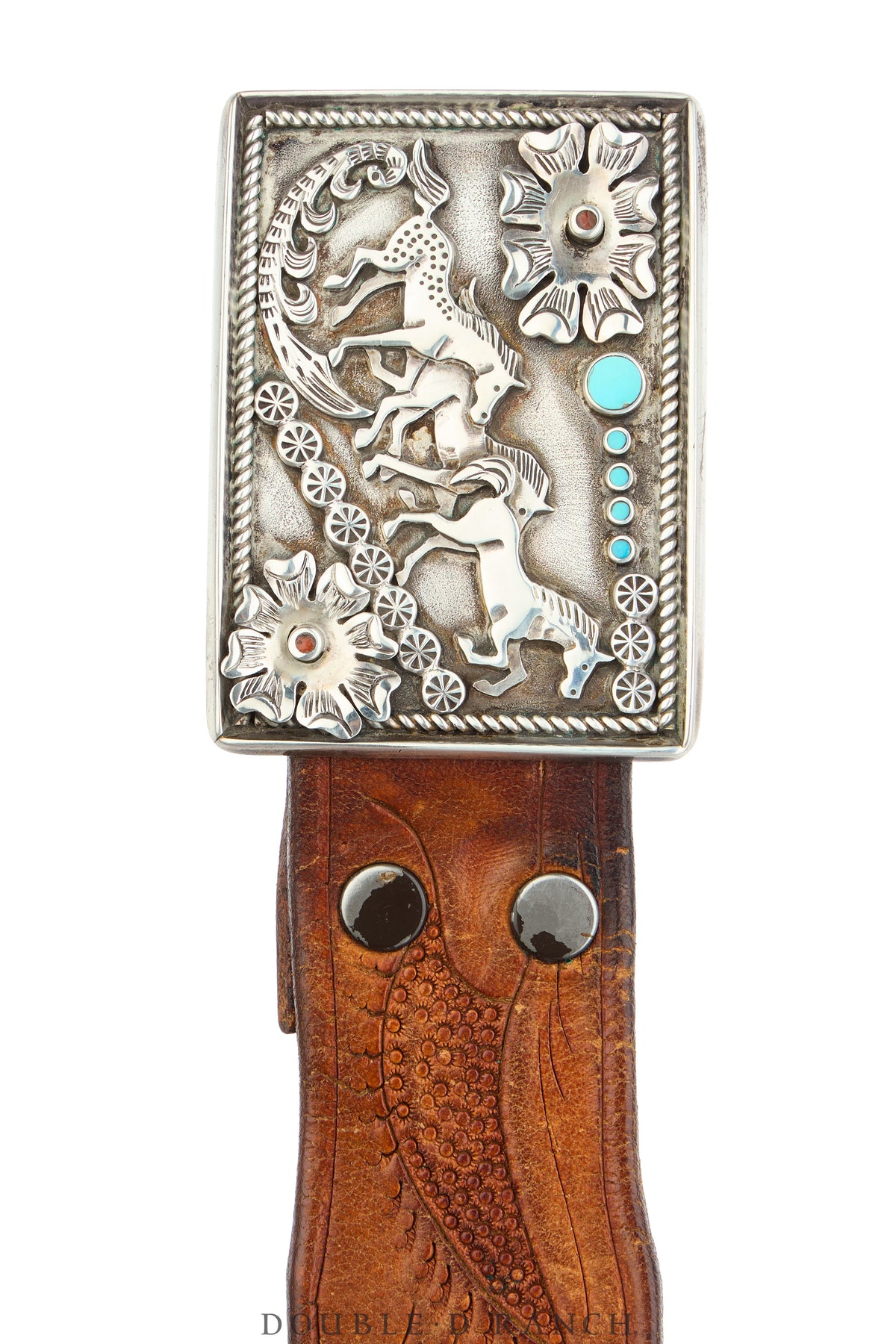 Belt, A Vintage, Buckle,  Concho, Turquoise &amp; Coral, Horse &amp; Floral Appliqué, Hallmark, Vintage, 1050
