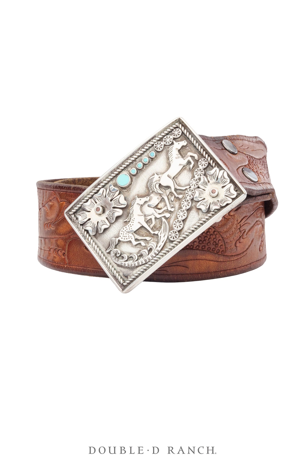 Belt, A Vintage, Buckle,  Concho, Turquoise &amp; Coral, Horse &amp; Floral Appliqué, Hallmark, Vintage, 1050