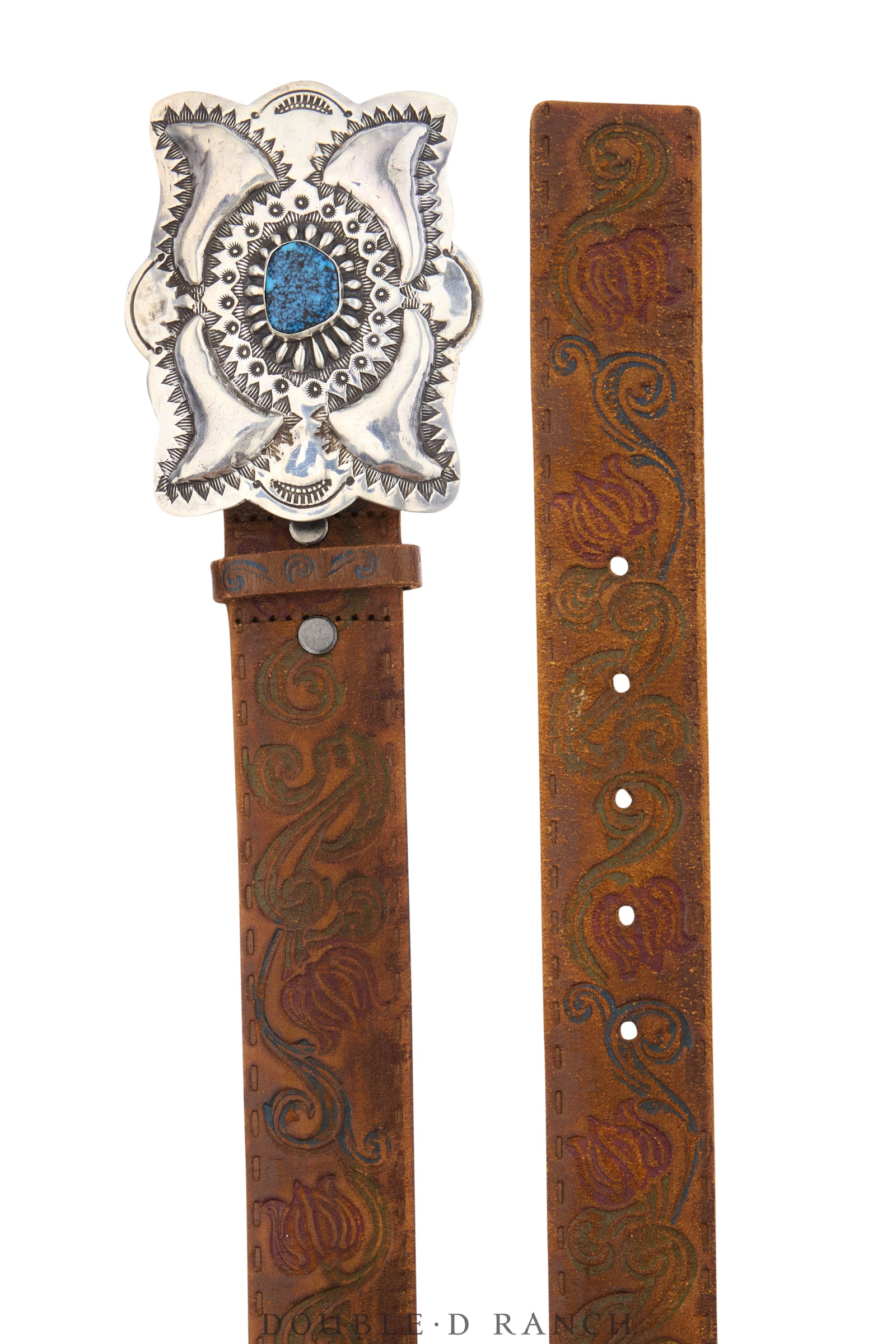 Belt, A Vintage, Buckle, Concho, Turquoise, Heavy Repoussé, Sans Hallmark, Vintage, 1186