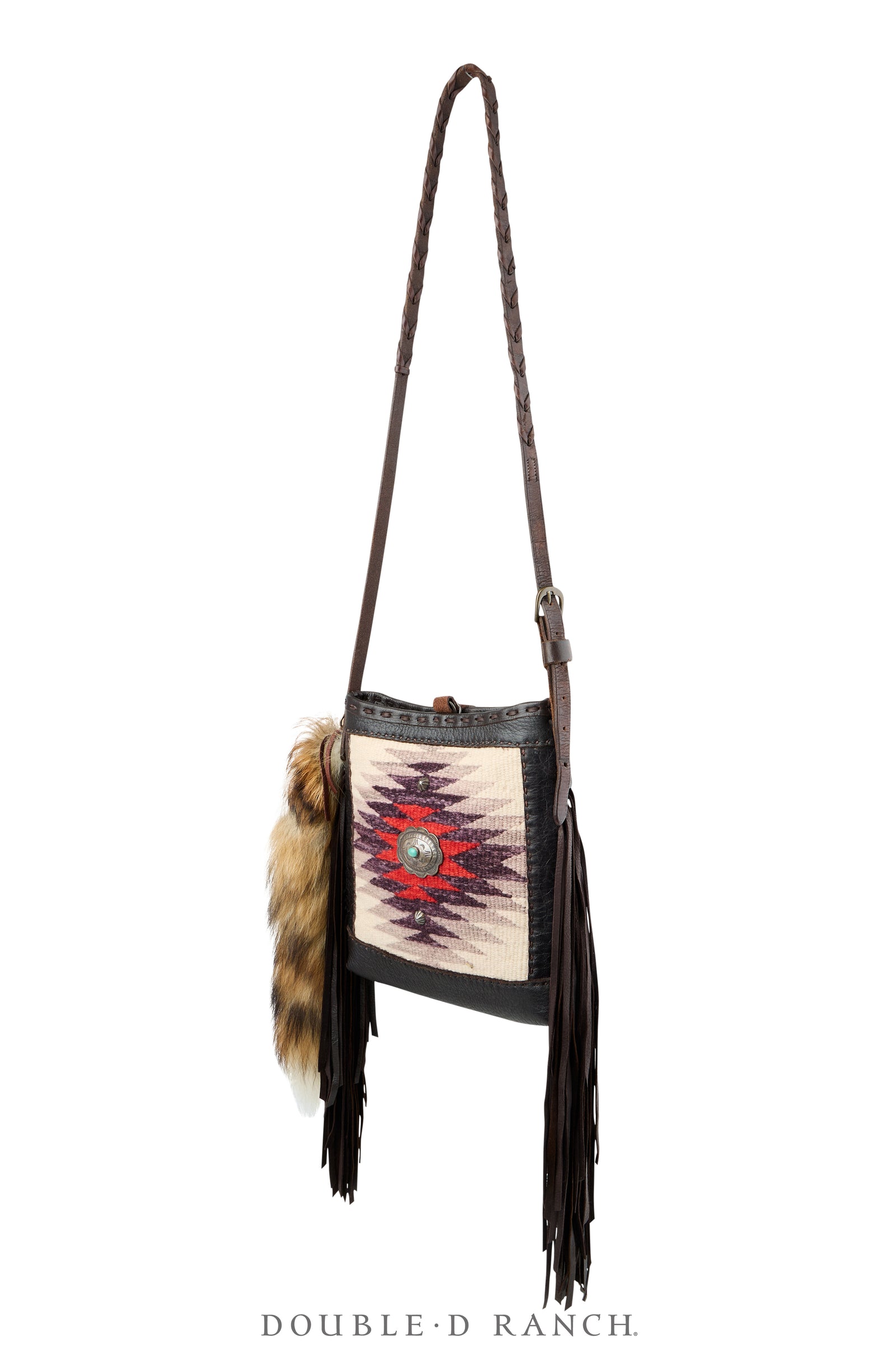 Bag, Shoulder, Navajo Rug With Fur Tail, Sterling Silver Concho, J Augur, Vintage, 1477