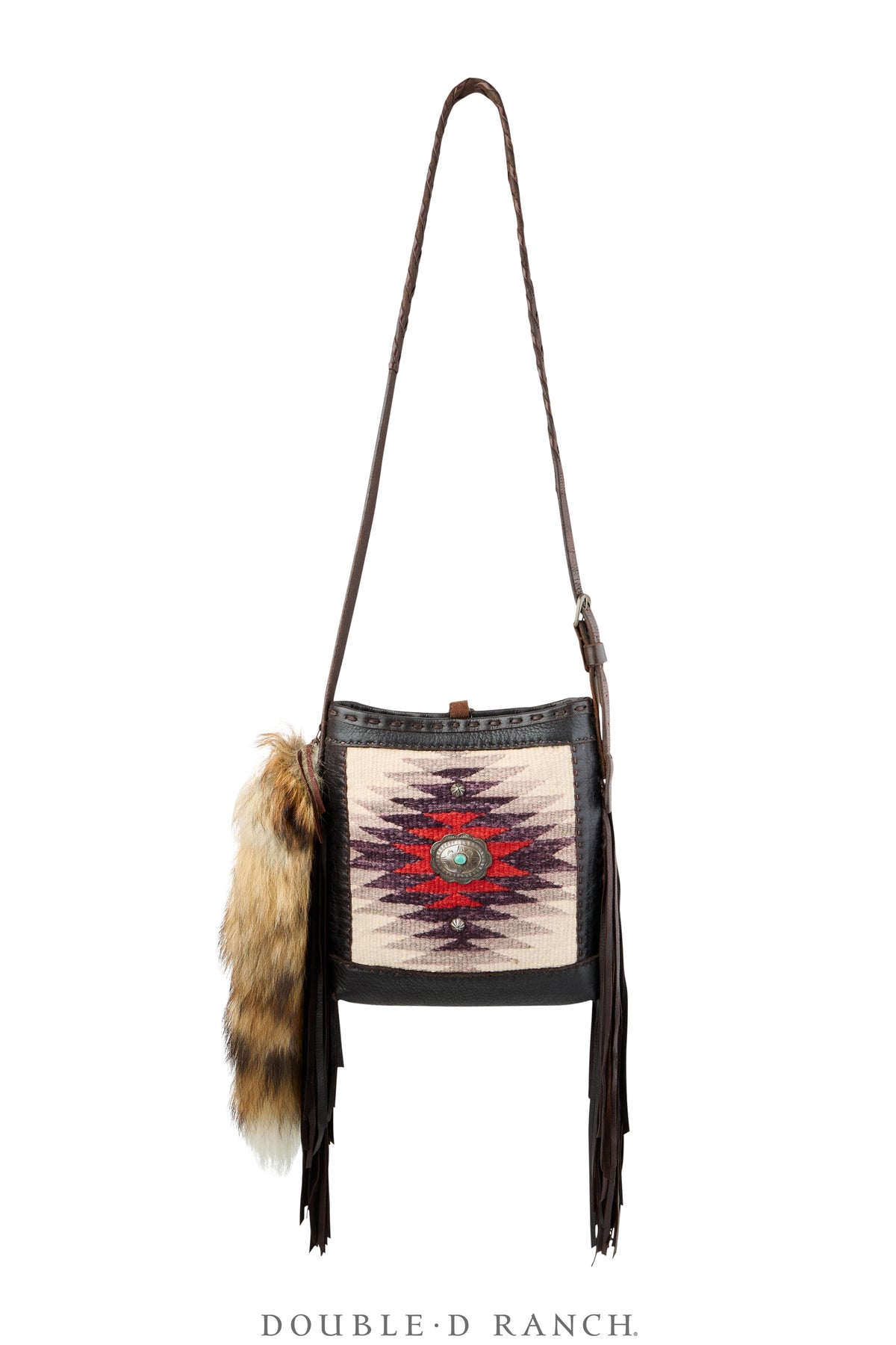 Bag, Shoulder, Navajo Rug With Fur Tail, Sterling Silver Concho, J Augur, Vintage, 1477