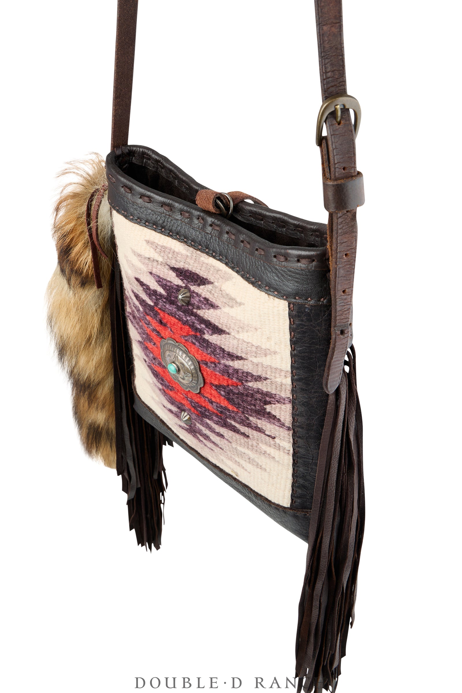 Bag, Shoulder, Navajo Rug With Fur Tail, Sterling Silver Concho, J Augur, Vintage, 1477