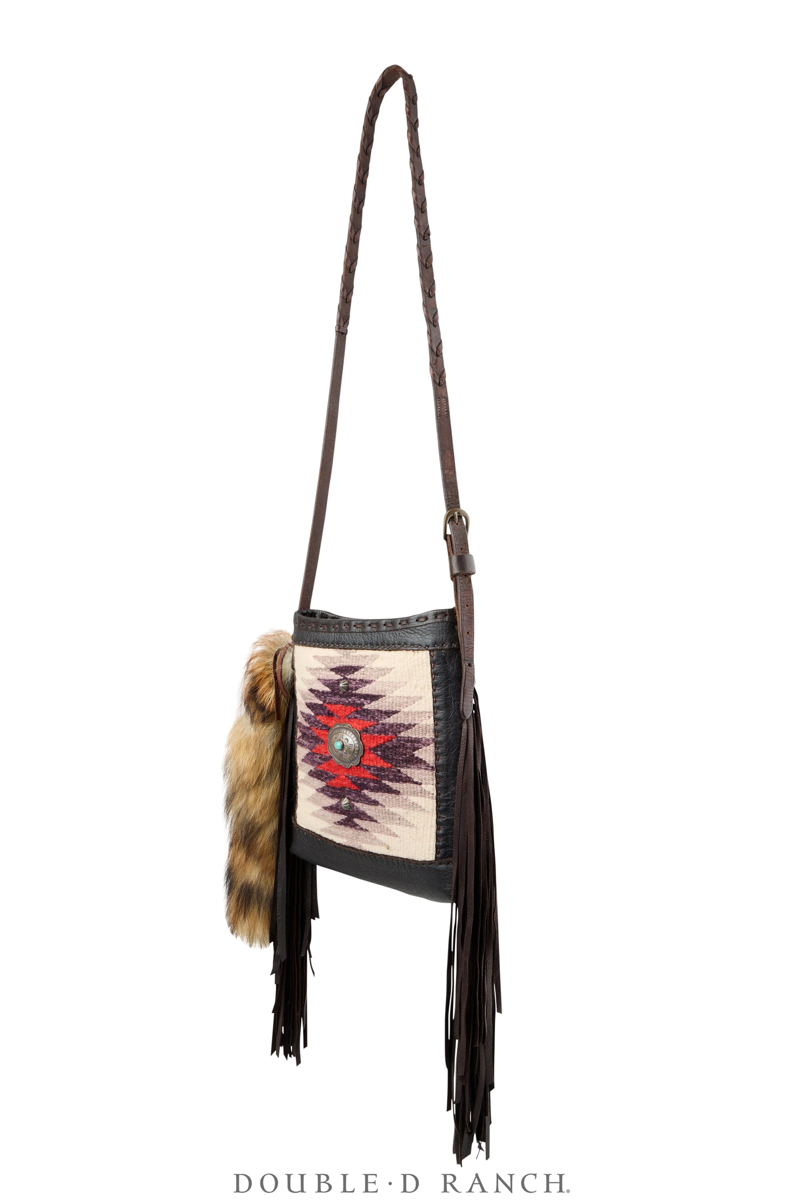 Bag, Shoulder, Navajo Rug With Fur Tail, Sterling Silver Concho, J Augur, Vintage, 1477