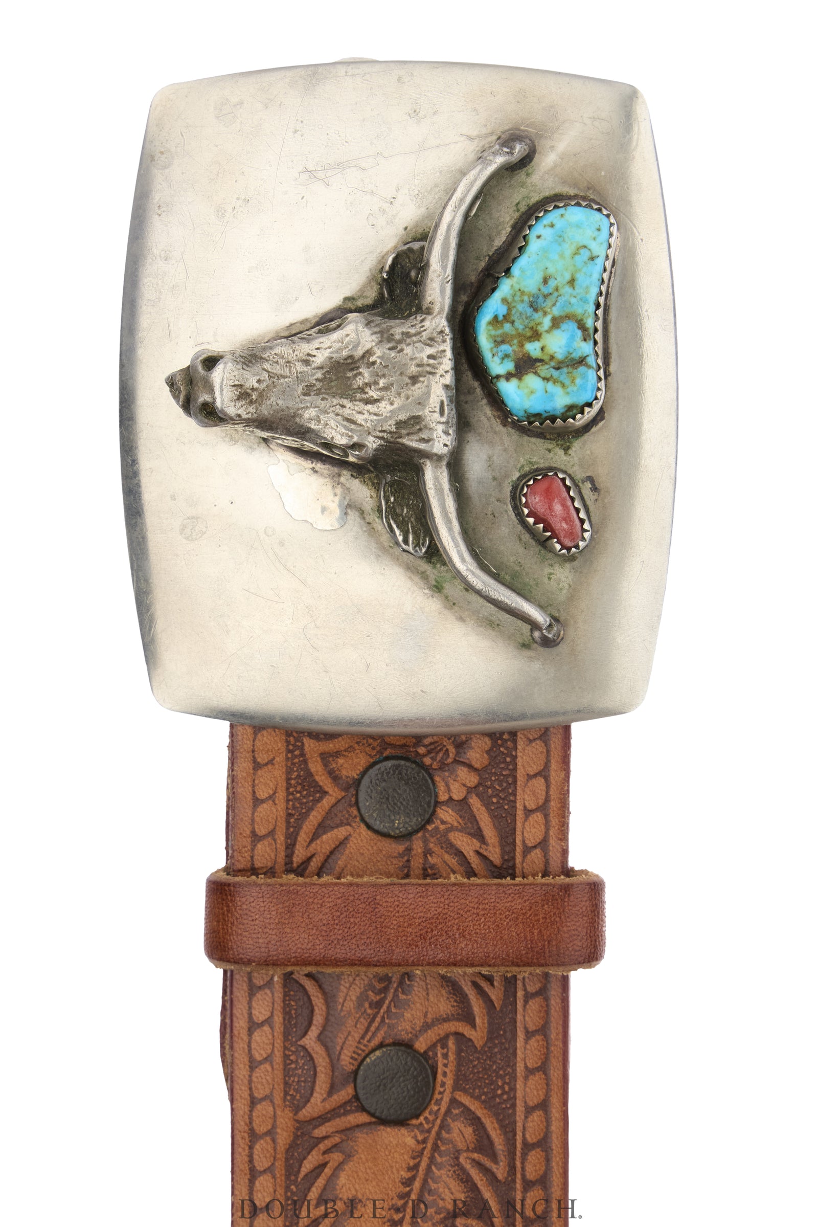 Belt, A Vintage, Buckle, Western, Longhorn With Turquoise, Vintage, 976