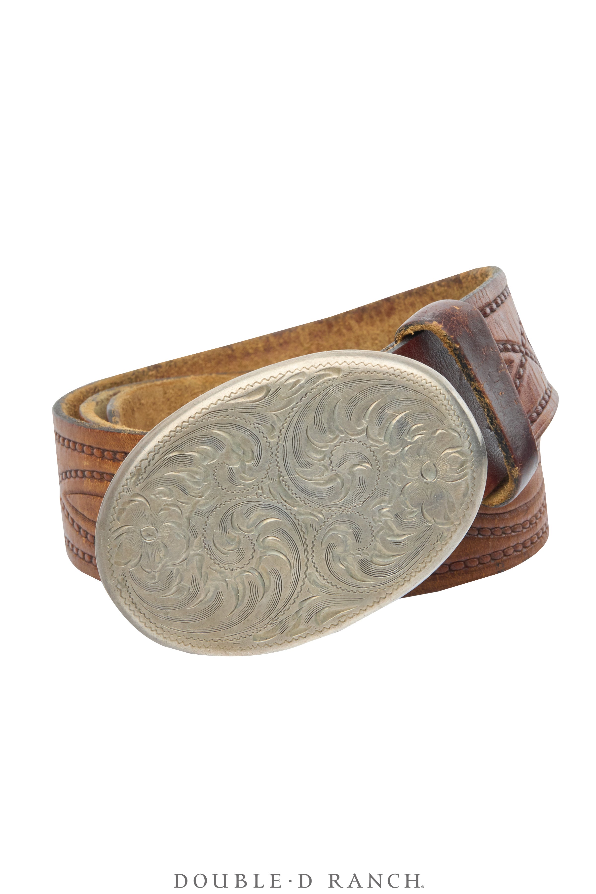 Vintage Braided Brown Leather Belt Engraved Silver Round Buckle Boho Western 42\