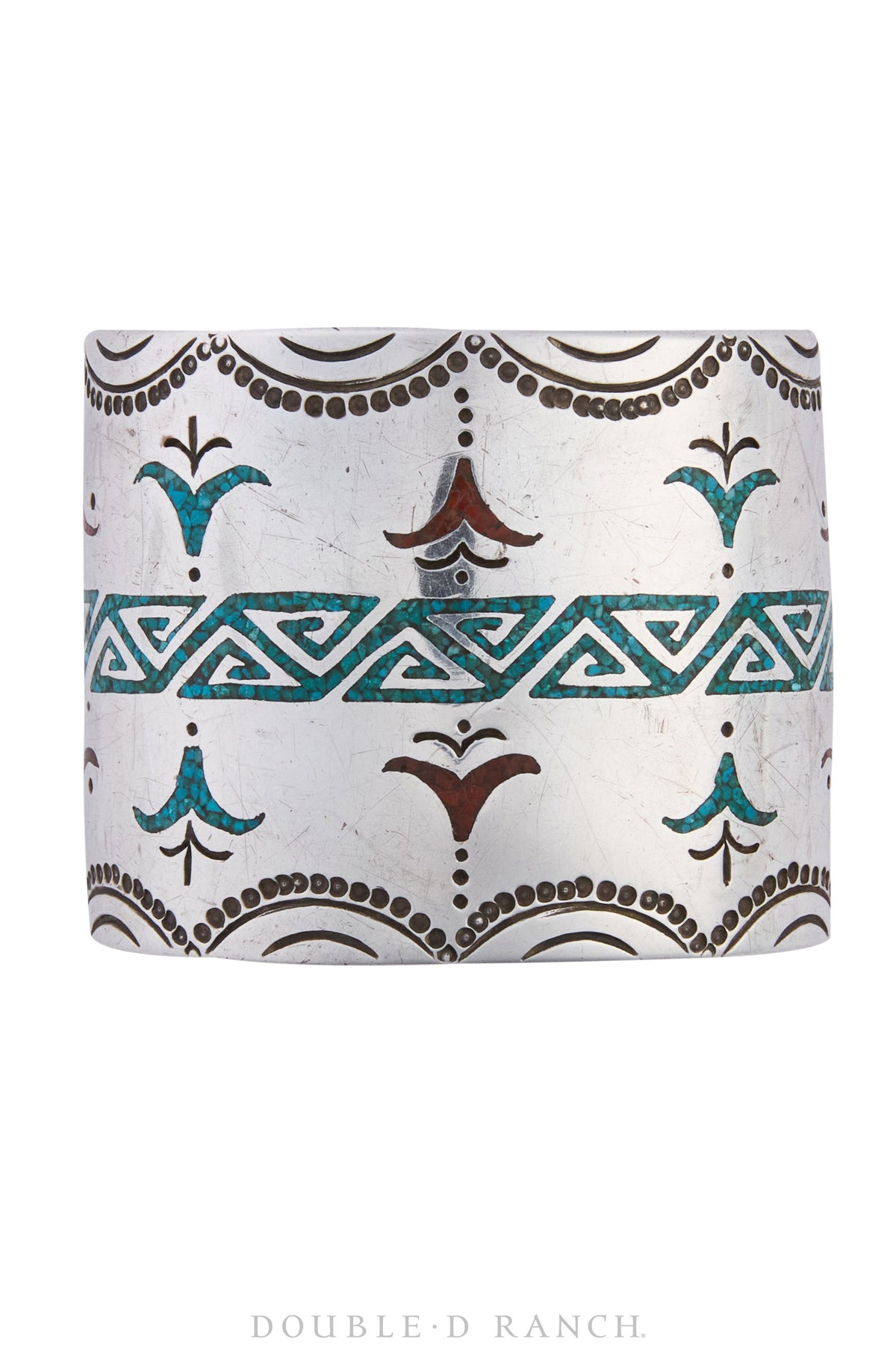 Cuff, Chip Inlay, Turquoise &amp; Coral, Geometric, Vintage, 3729