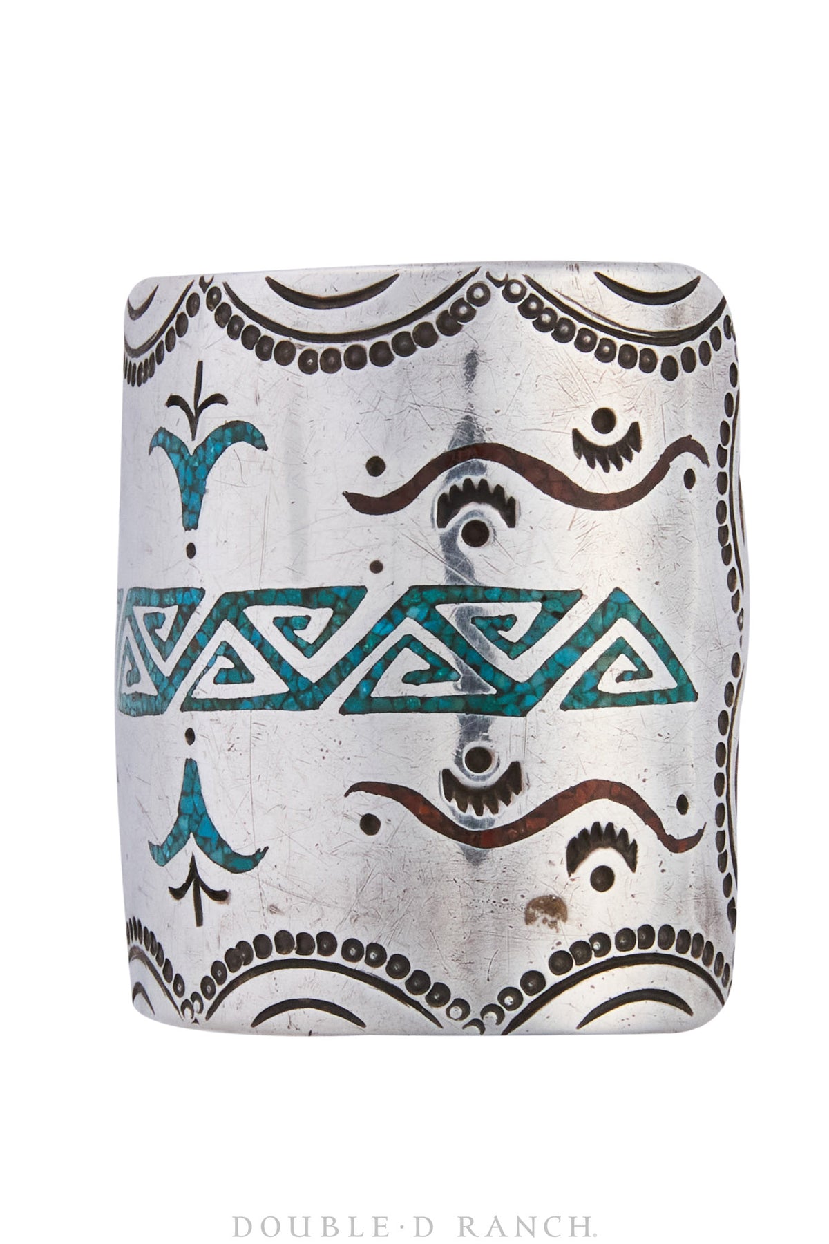 Cuff, Chip Inlay, Turquoise &amp; Coral, Geometric, Vintage, 3729