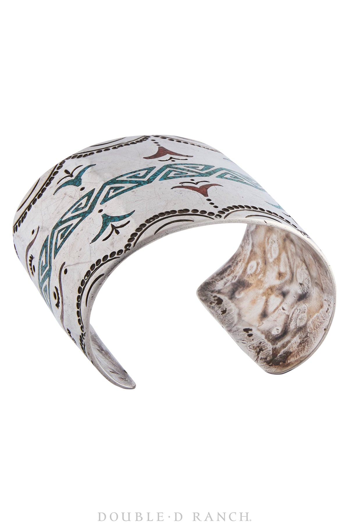Cuff, Chip Inlay, Turquoise &amp; Coral, Geometric, Vintage, 3729