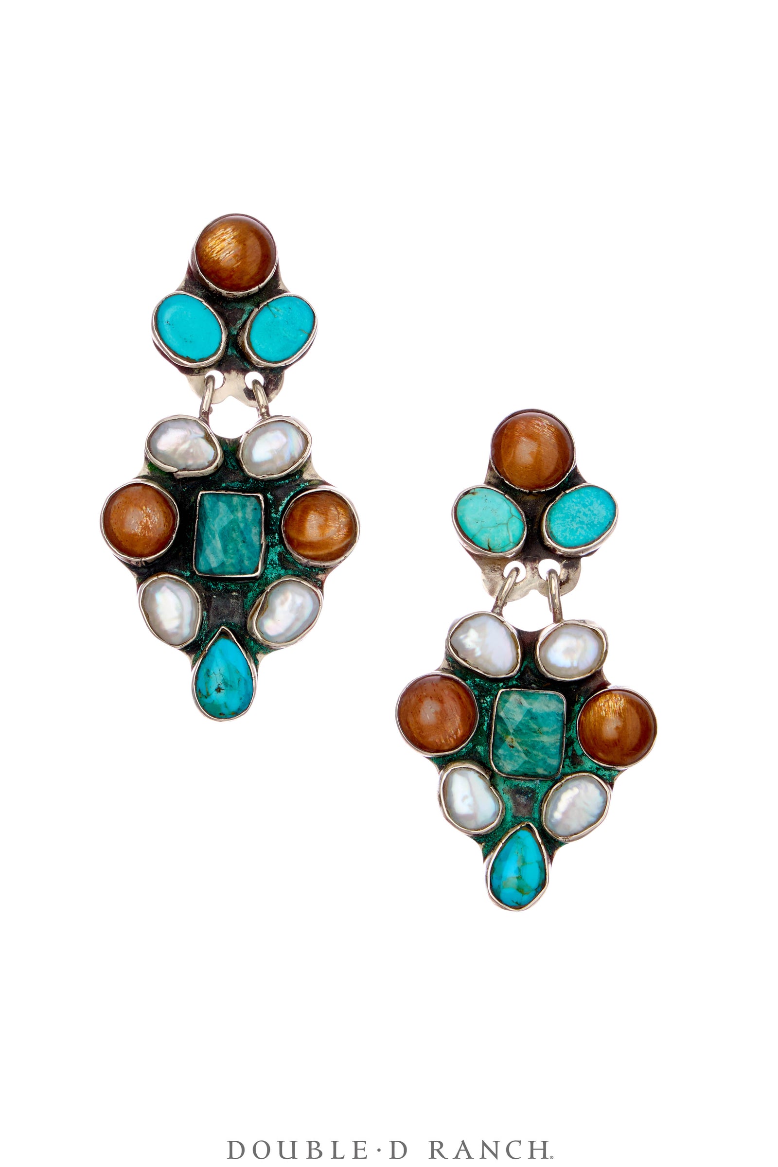 Earrings, Oscar Betz, Triangle, Turquoise, Agate, Amazonite, Mother of Pearl, Hallmark, Contemporary,  2084