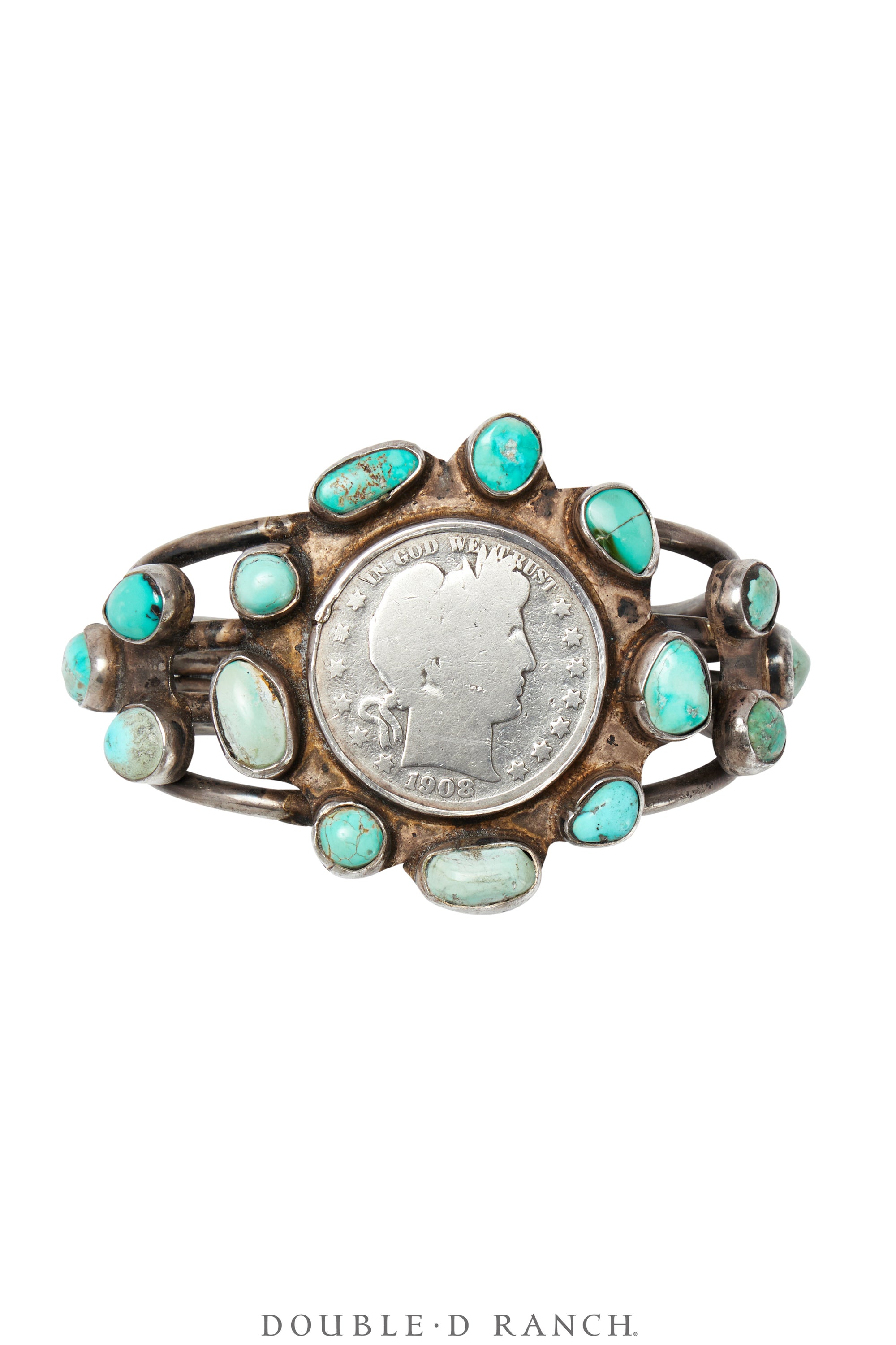 Cuff, Coin, 1908 Barber Half Dollar, Turquoise, Vintage, 3834