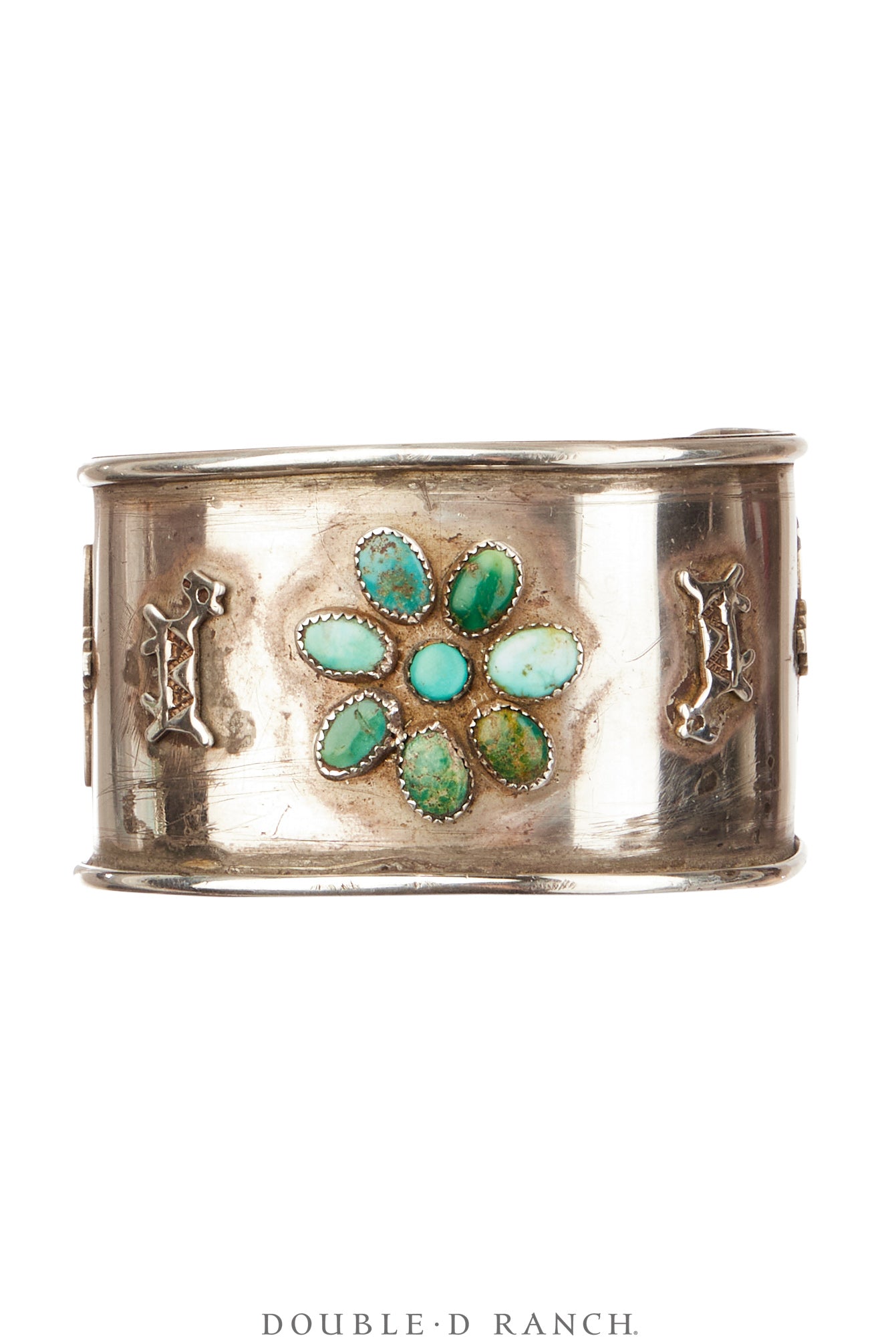 Cuff, Natural Stone, Turquoise, Coyote Dog & Knifewing Motifs, Vintage ‘30s, 3964