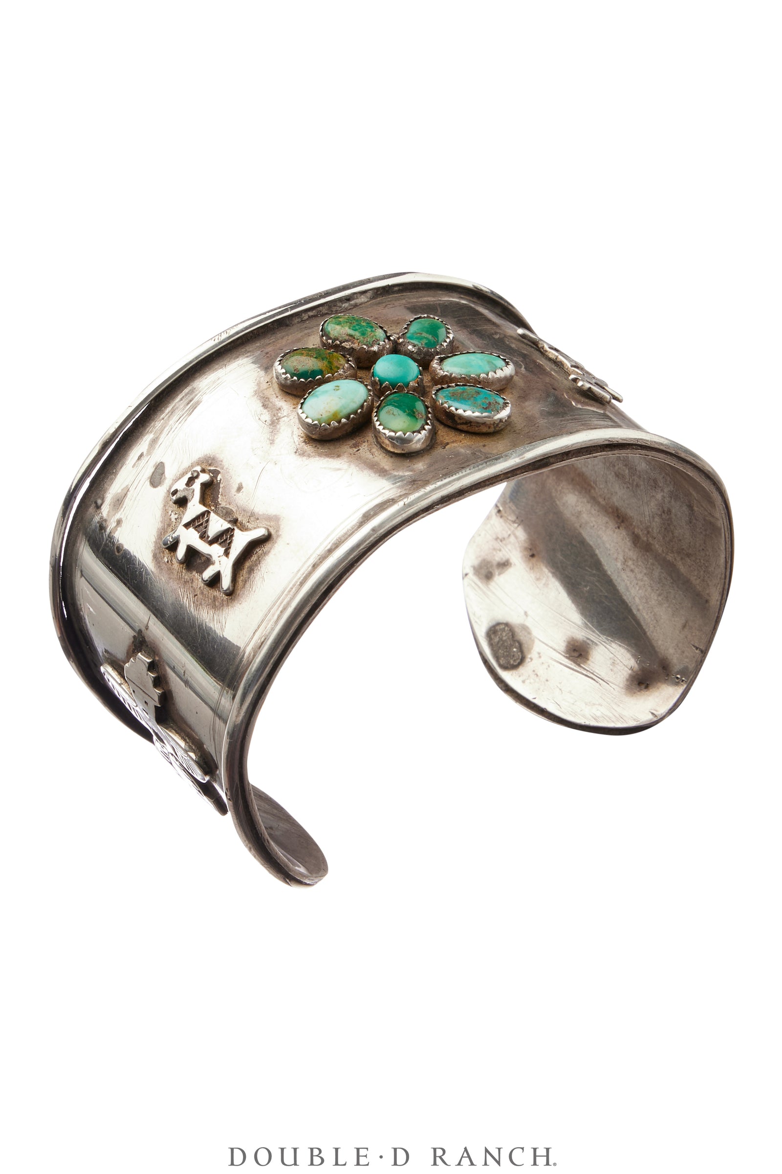 Cuff, Natural Stone, Turquoise, Coyote Dog & Knifewing Motifs, Vintage ‘30s, 3964