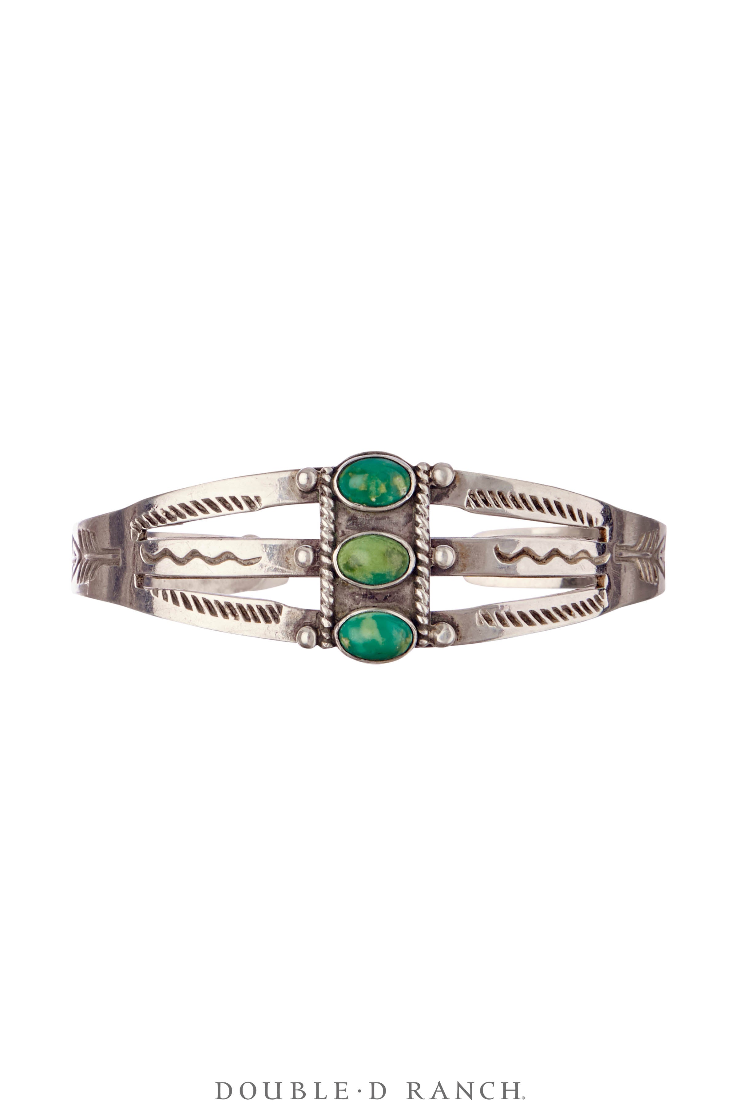 Cuff, Fred Harvey Railroad Era, Turquoise, Triple Split Band, Stampwor