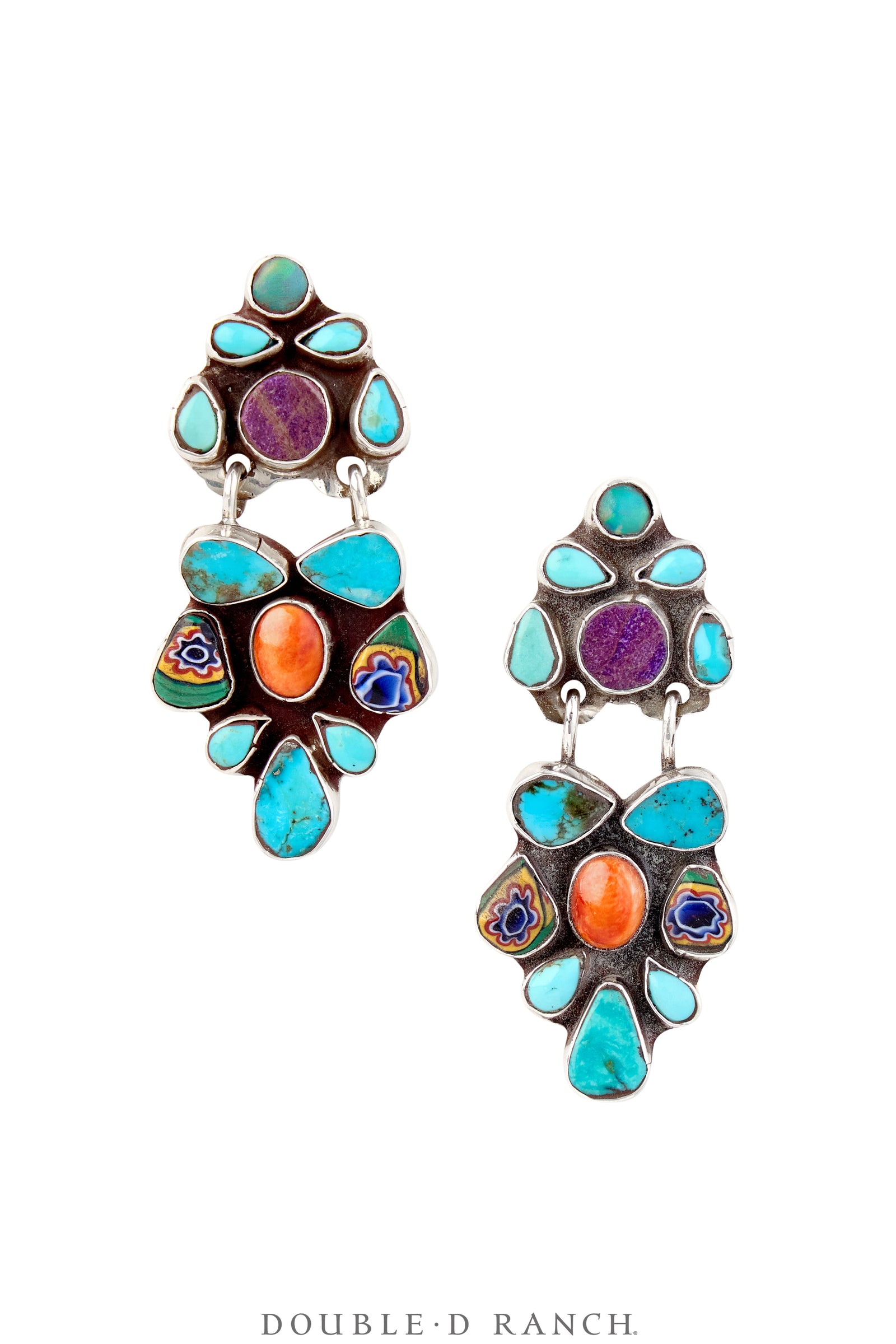 Earrings, Oscar Betz, Triangle,  Turquoise, Sugilite, Opal, Orange Spiny Oyster, Trade Bead, Hallmark, 1841