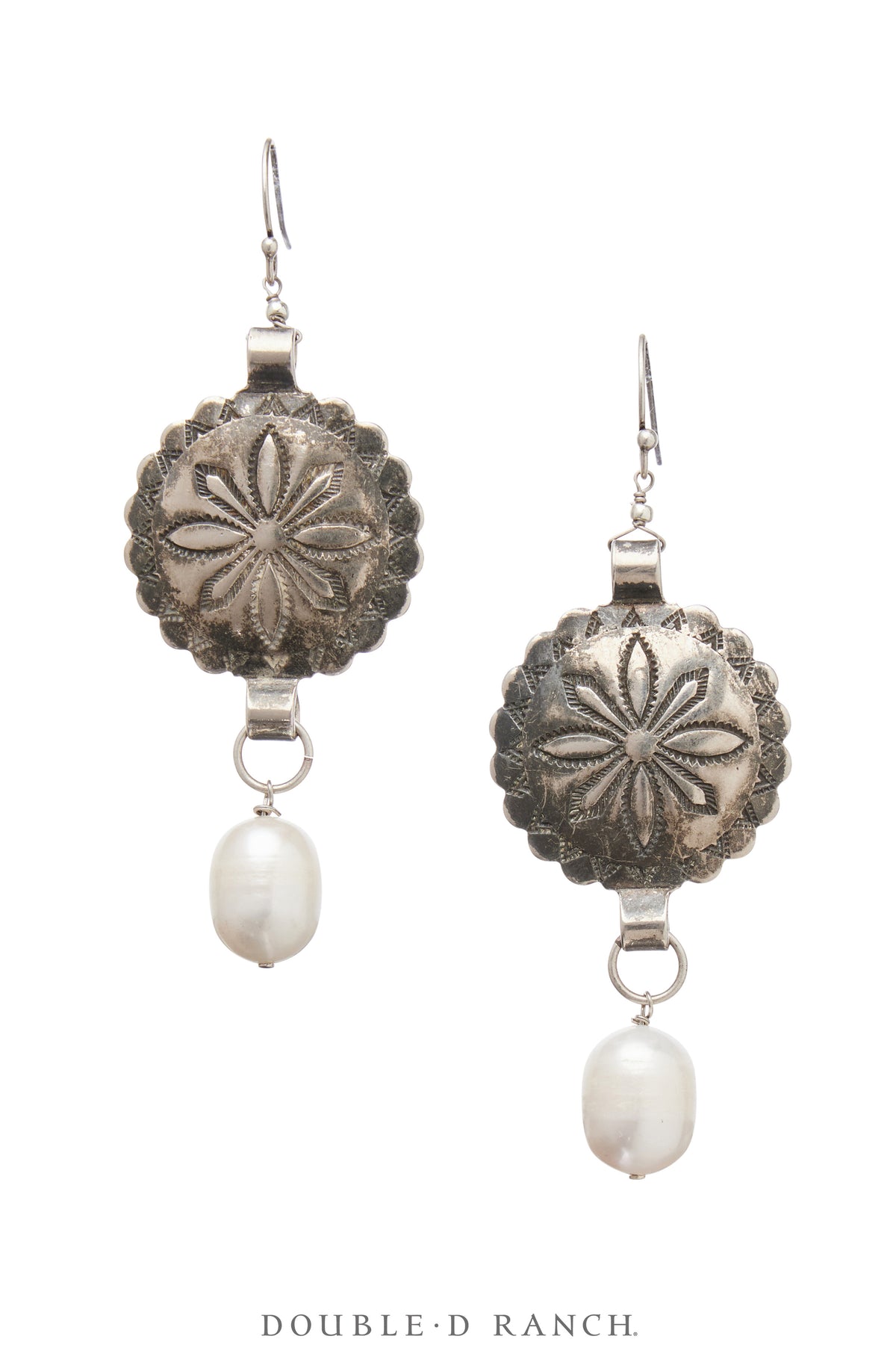 Earrings, Repurposed, Concho, With Pearl Drops, Up-Cycled, Vintage, 2046