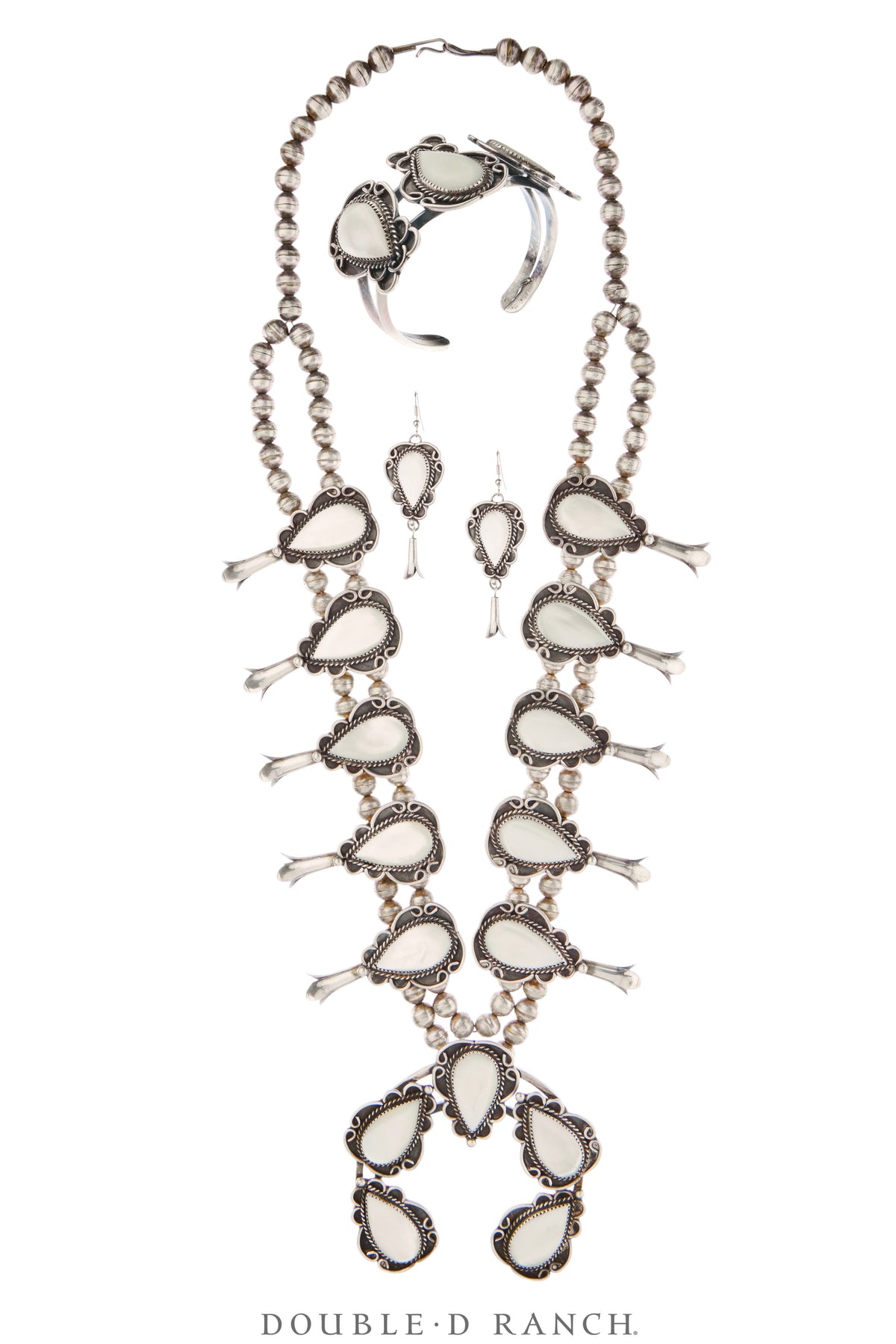 Necklace, Squash Blossom, Mother of Pearl, Matching Set of Earrings, Cuff, & Ring, Vintage Estate, 3700