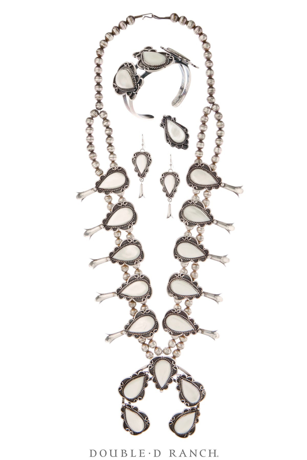 Necklace, Squash Blossom, Mother of Pearl, Matching Set of Earrings, Cuff, & Ring, Vintage Estate, 3700