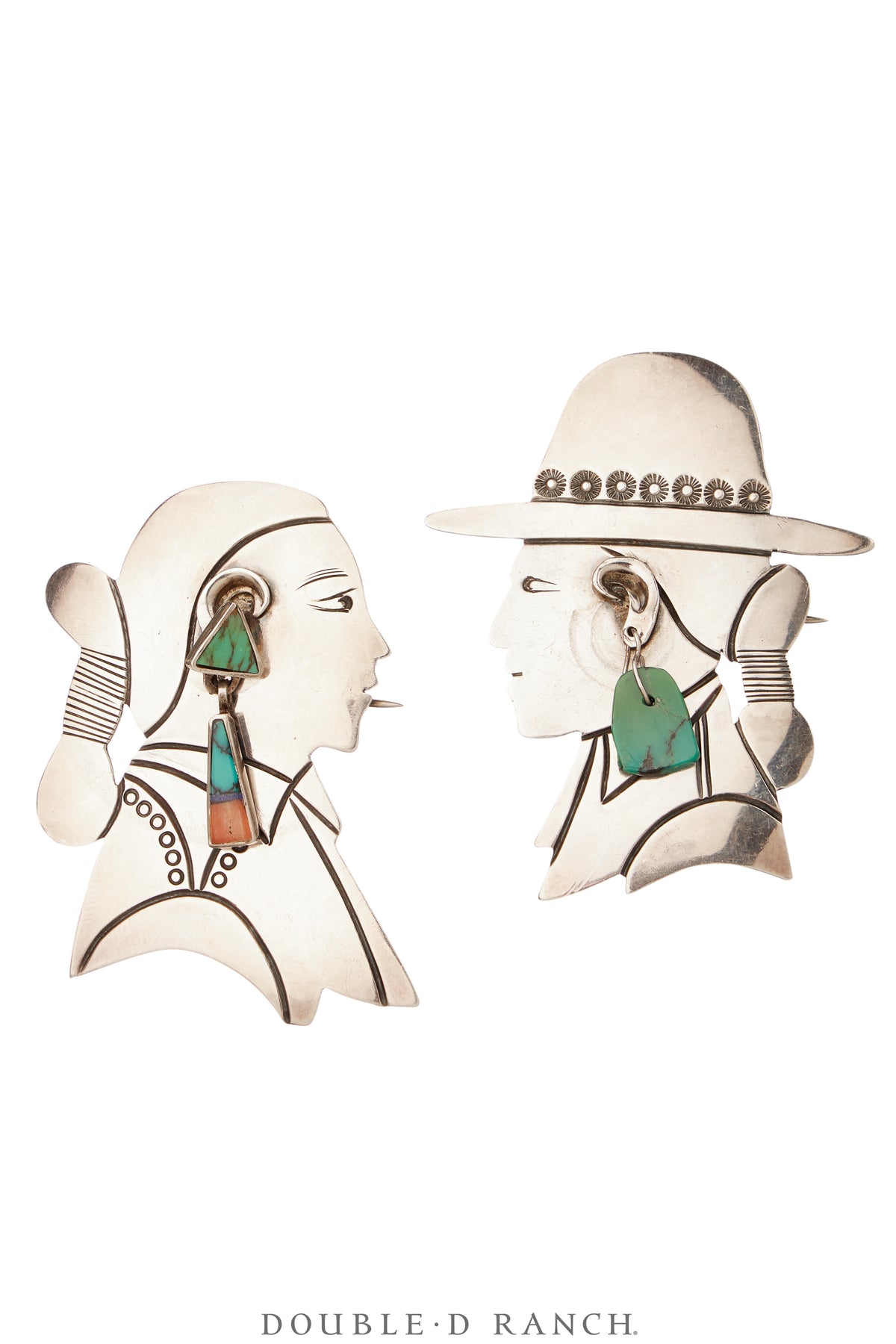 Pins, Novelty, Turquoise & Mixed Stones, Navajo Couple Profiles, Hallmark, Vintage, 1181