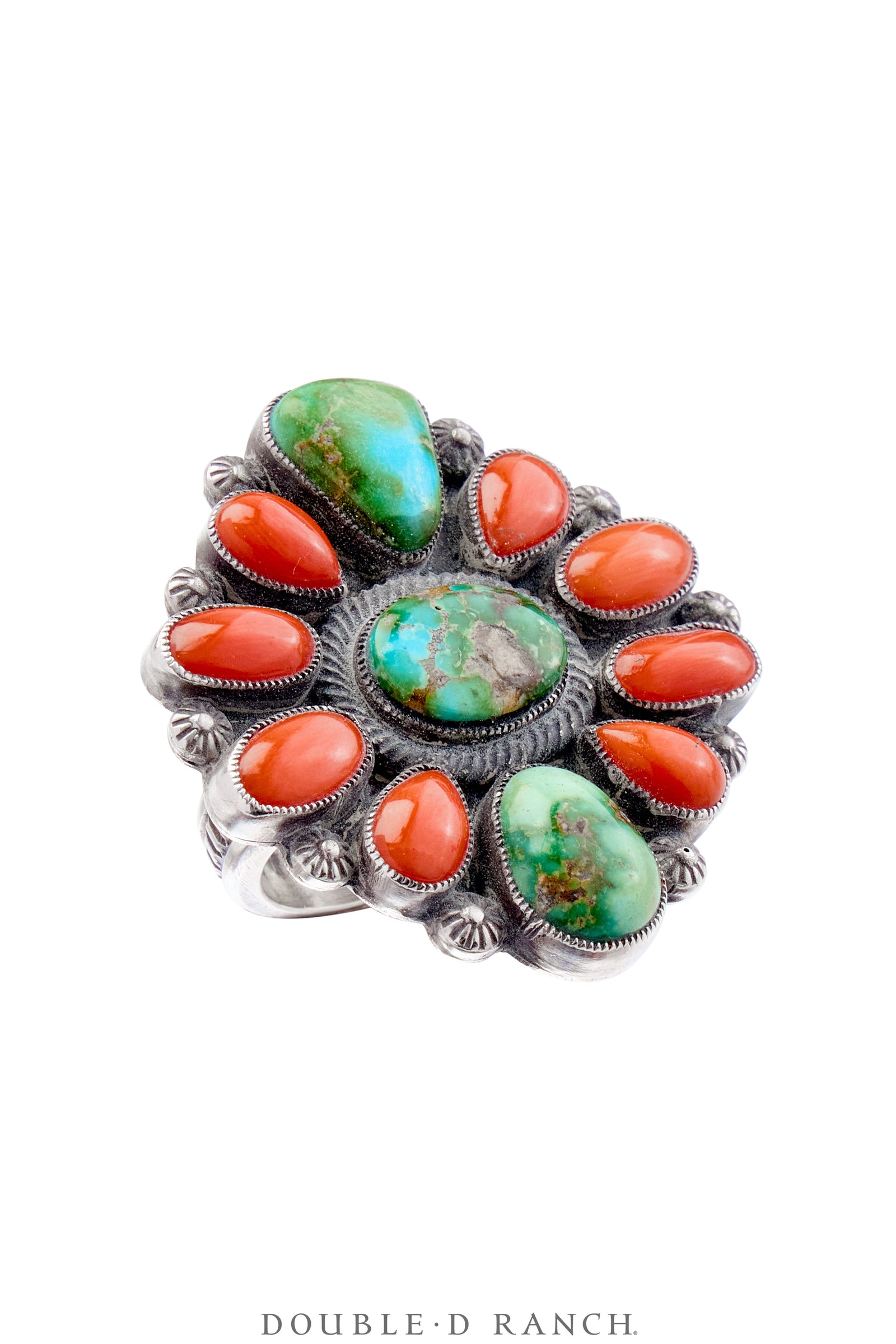 Ring, Cluster, Turquoise & Coral, Calvin Martinez Hallmark, Contemporary 9, 1744