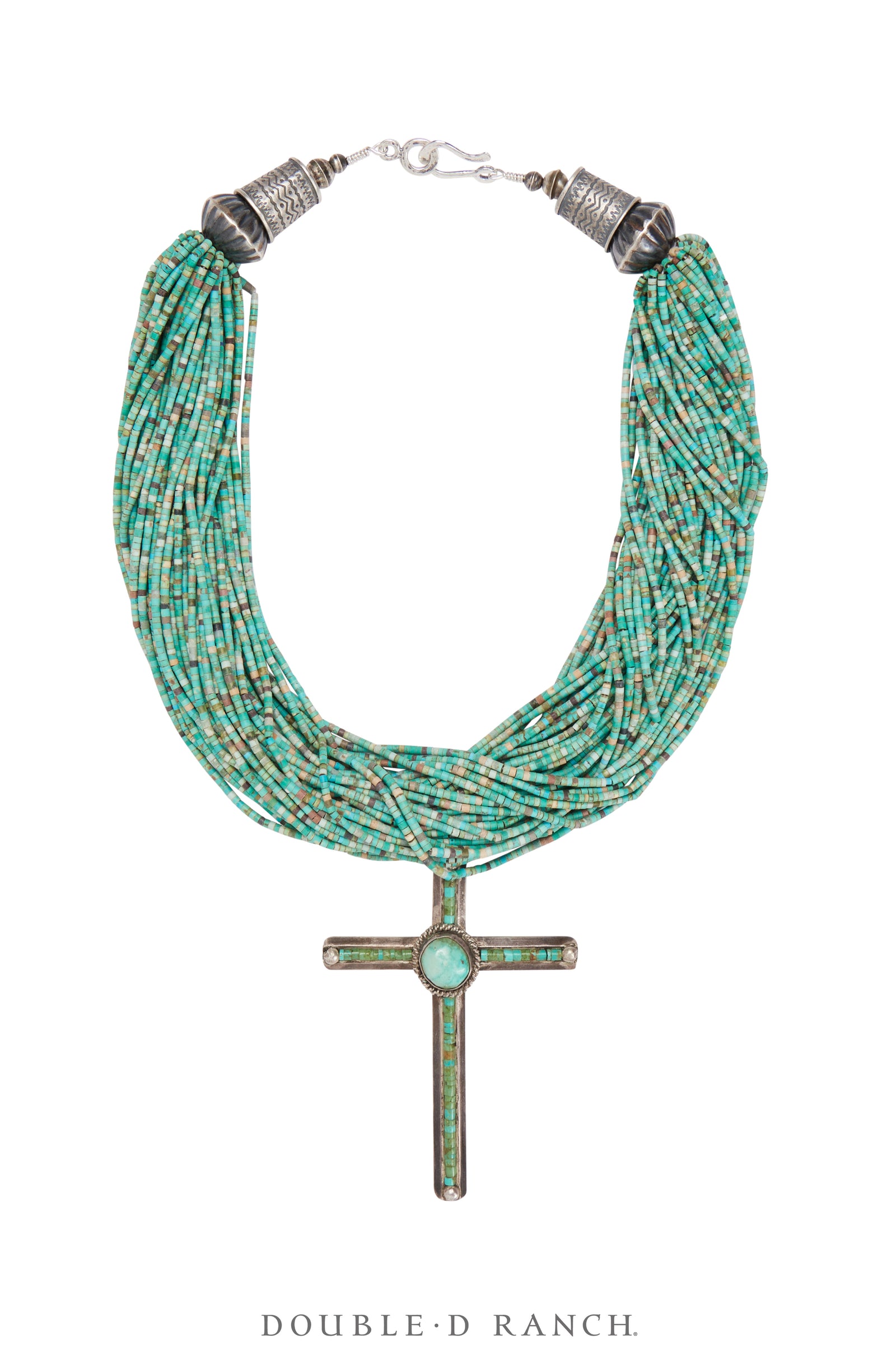 Necklace, Natural Stone, Turquoise Calsilica Heishi With Cross Pendant, Navajo, Contemporary, 3423