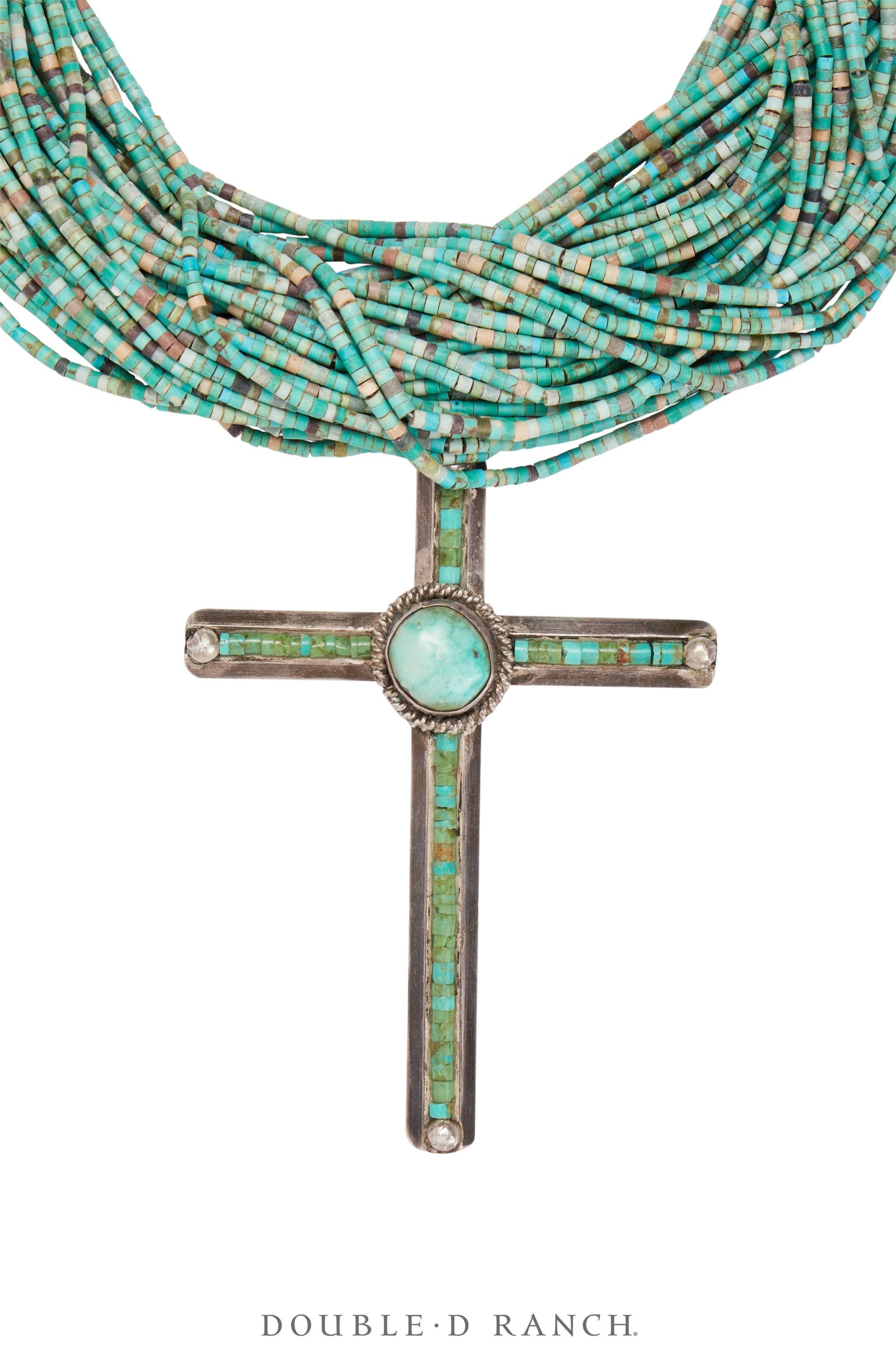 Necklace, Natural Stone, Turquoise Calsilica Heishi With Cross Pendant, Navajo, Contemporary, 3423