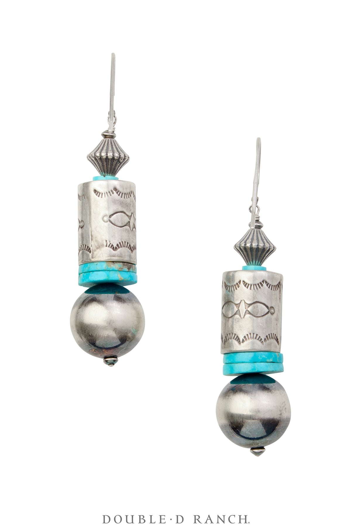 Earrings, Repurposed, Turquoise, Stamp Work Tube Beads, Contemporary, 1855