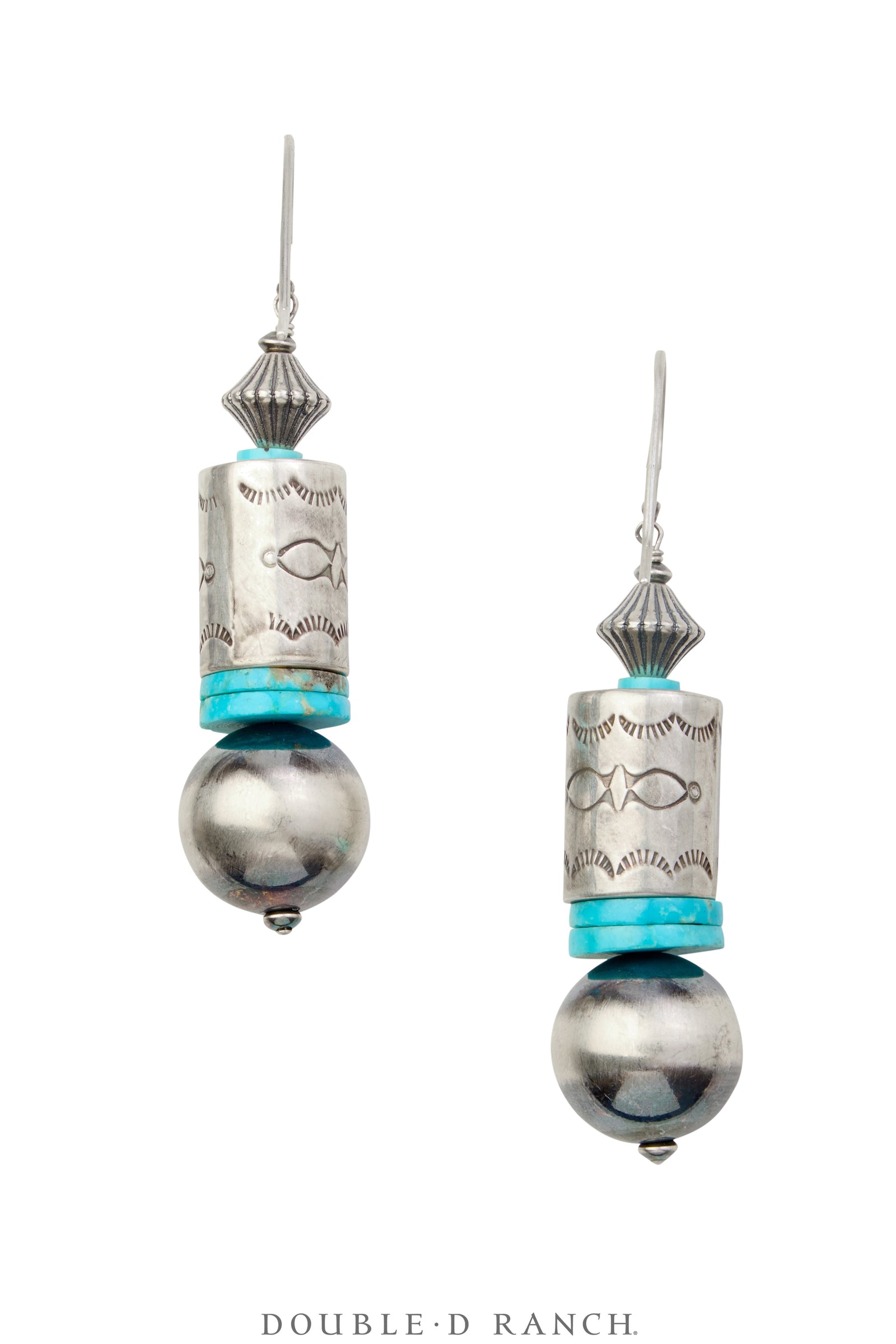 Earrings, Repurposed, Turquoise, Stamp Work Tube Beads, Contemporary, 1855