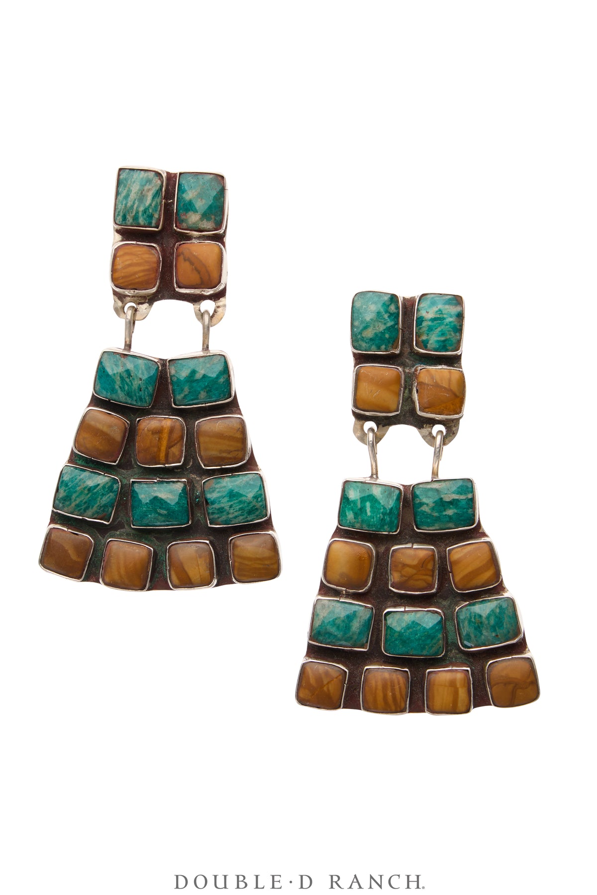 Earrings, Oscar Betz, Fan, Russian Amazonite and YellowJasper, Hallmark, Contemporary, 2049