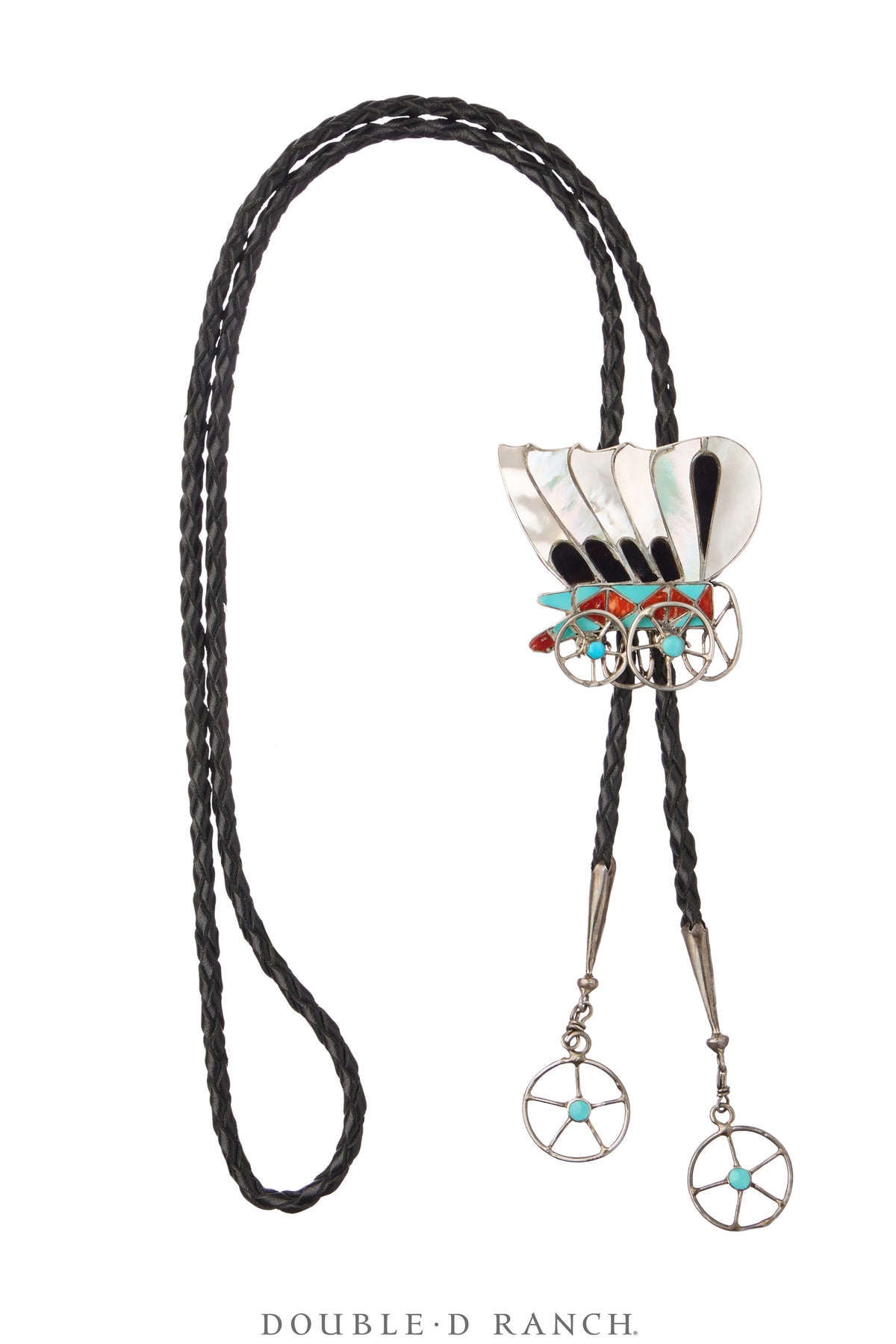 Bolo, Inlay, Mixed Stones, Conestoga Wagon with Wagon Wheel Tips, Hallmark, Vintage ‘60s, 3618