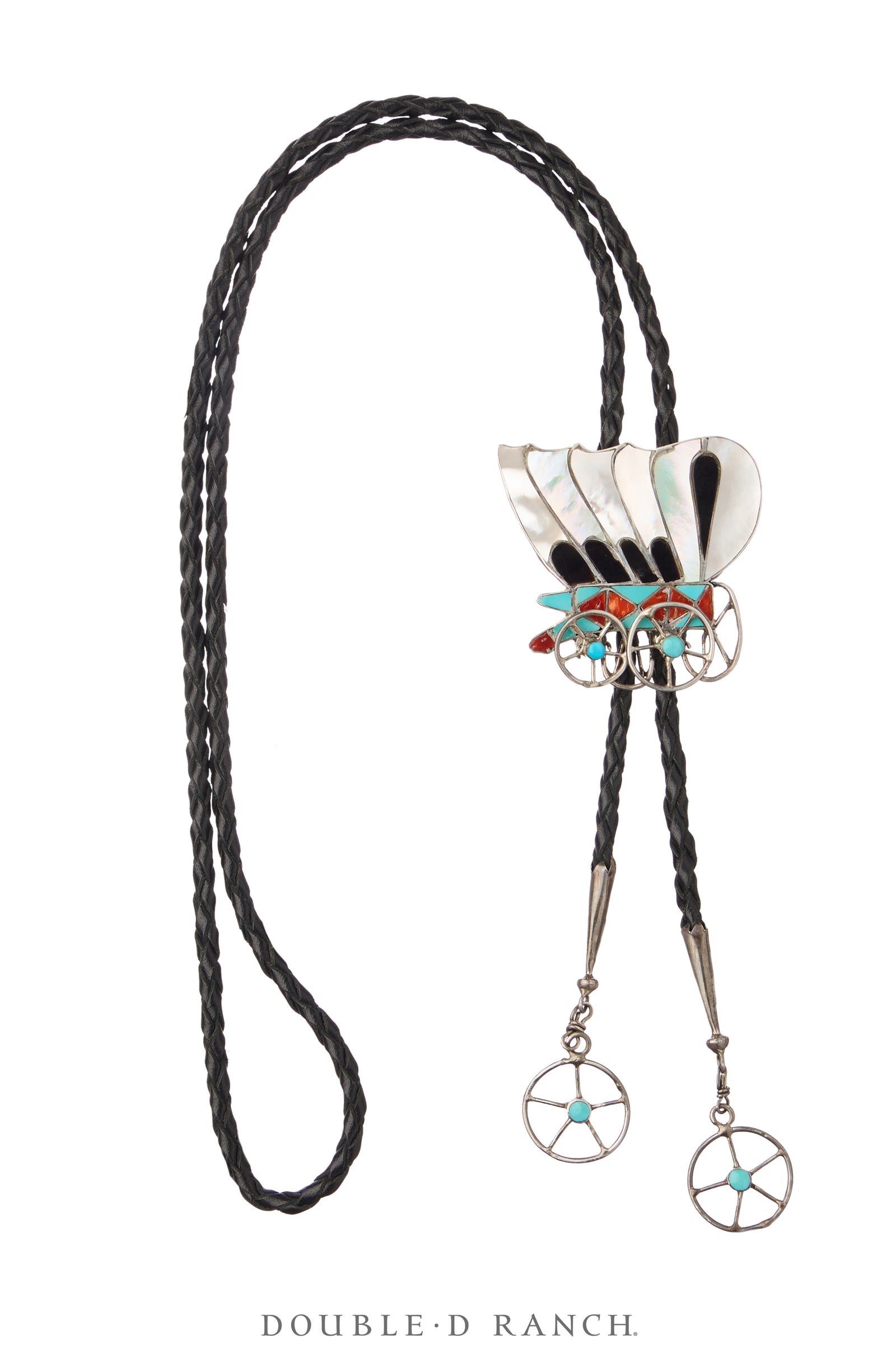 Bolo, Inlay, Mixed Stones, Conestoga Wagon with Wagon Wheel Tips, Hallmark, Vintage ‘60s, 3618