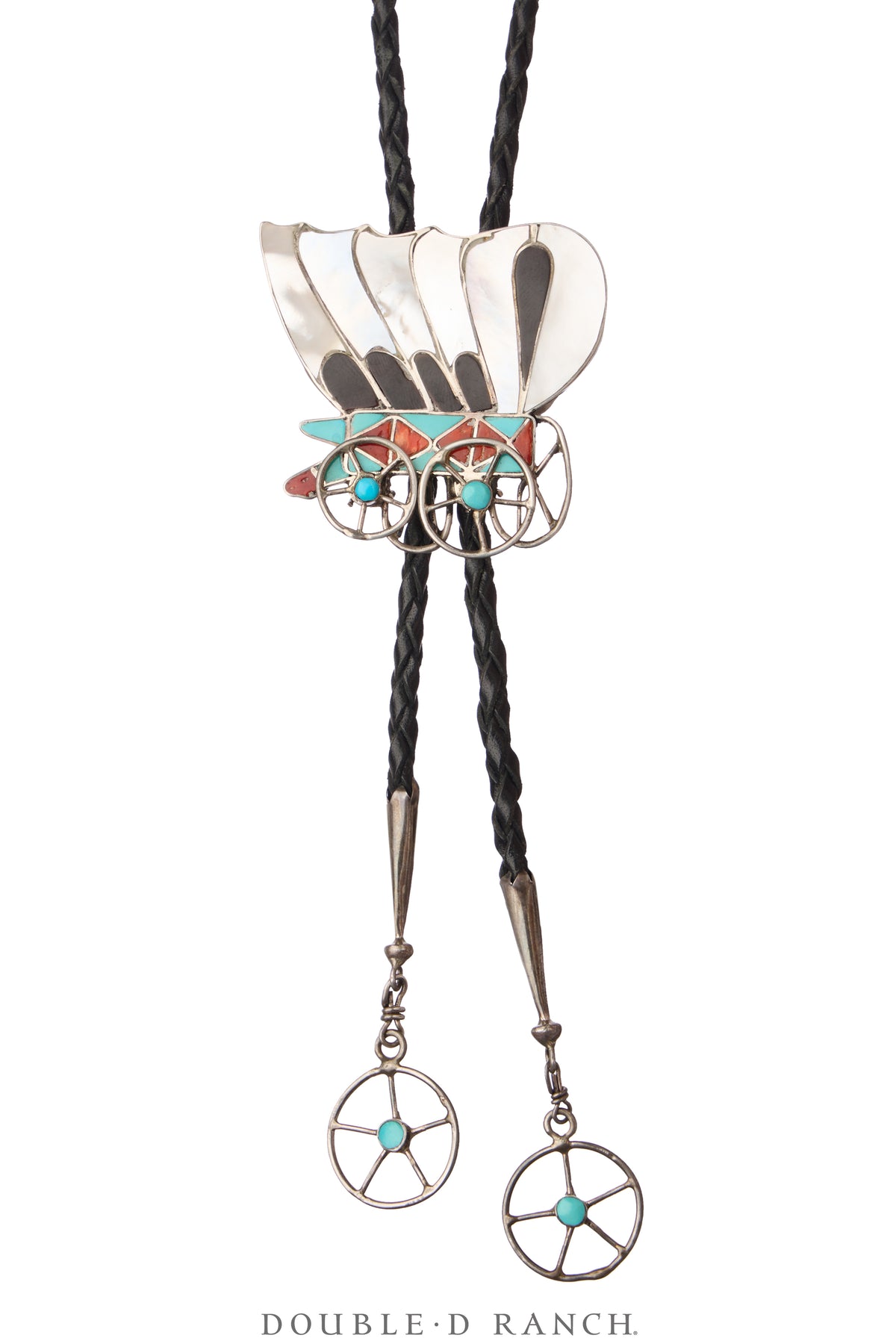 Bolo, Inlay, Mixed Stones, Conestoga Wagon with Wagon Wheel Tips, Hallmark, Vintage ‘60s, 3618