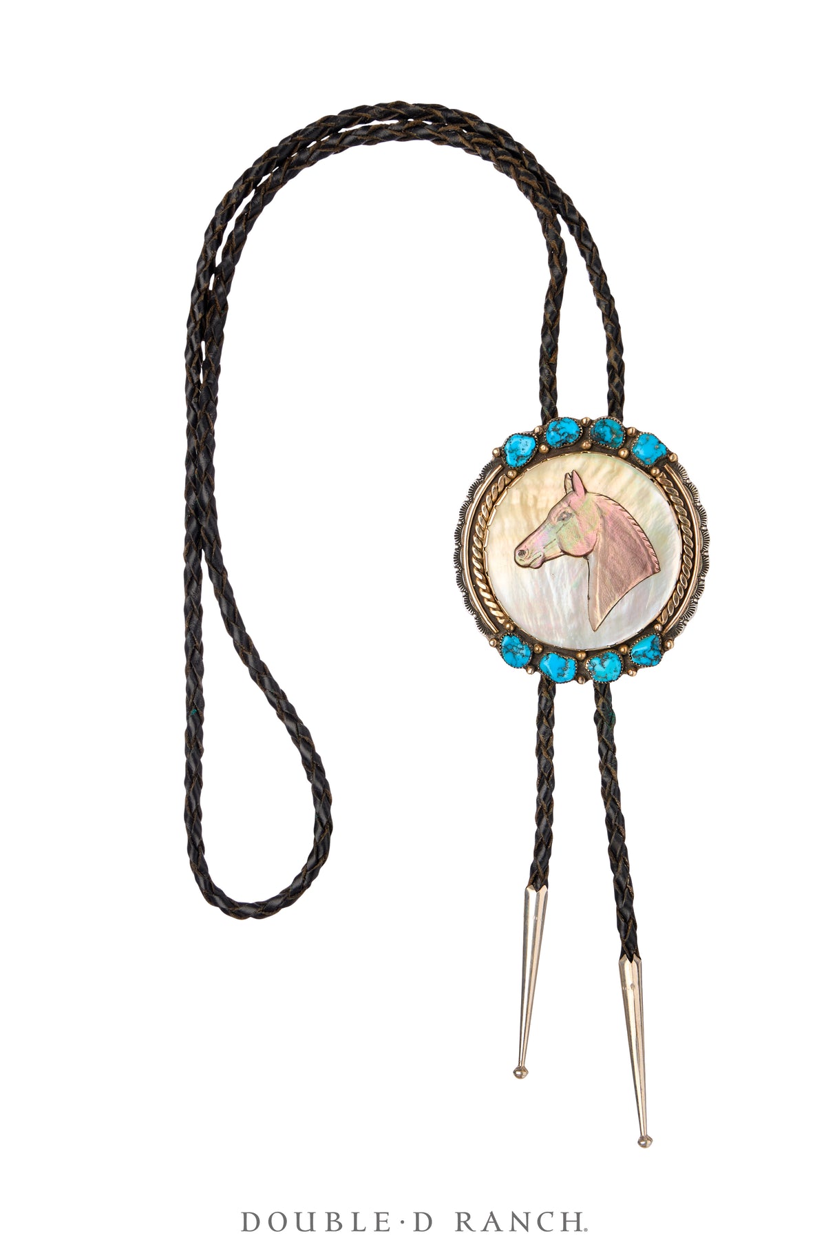 Bolo, Inlay, Turquoise With Shell, Horse Profile, Sterling Silver & 14K Gold, Hallmark, Vintage ‘70s, 3629