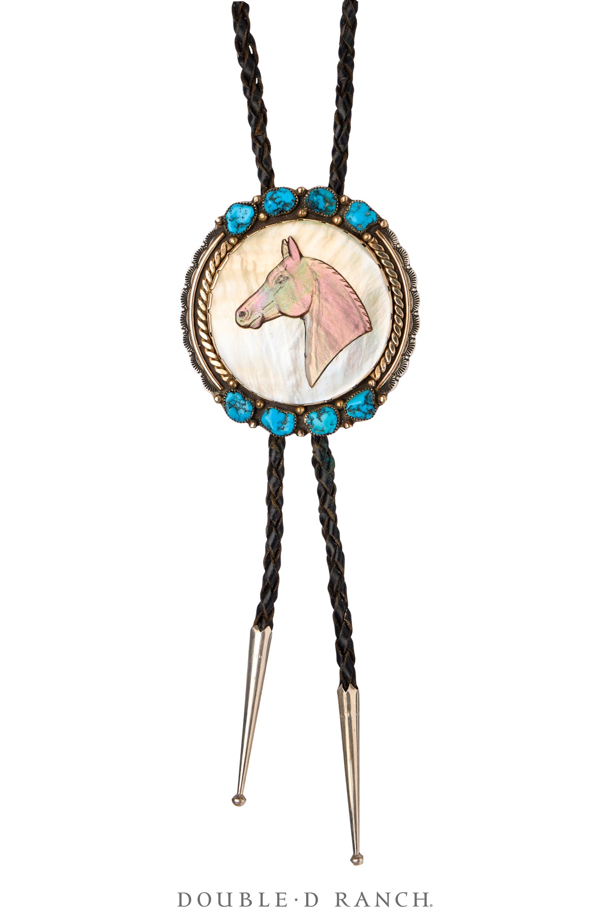 Bolo, Inlay, Turquoise With Shell, Horse Profile, Sterling Silver & 14K Gold, Hallmark, Vintage ‘70s, 3629