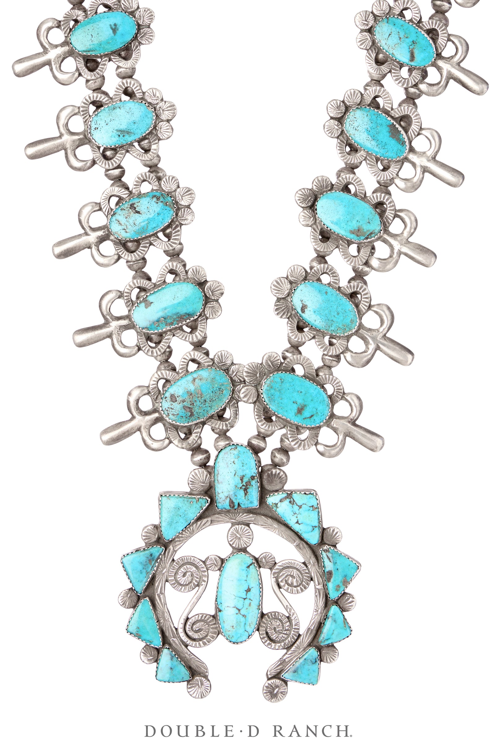 Necklace, Squash Blossom, Turquoise, Marked, Attributed to Dan Simplicio, Vintage ‘50s, 3632
