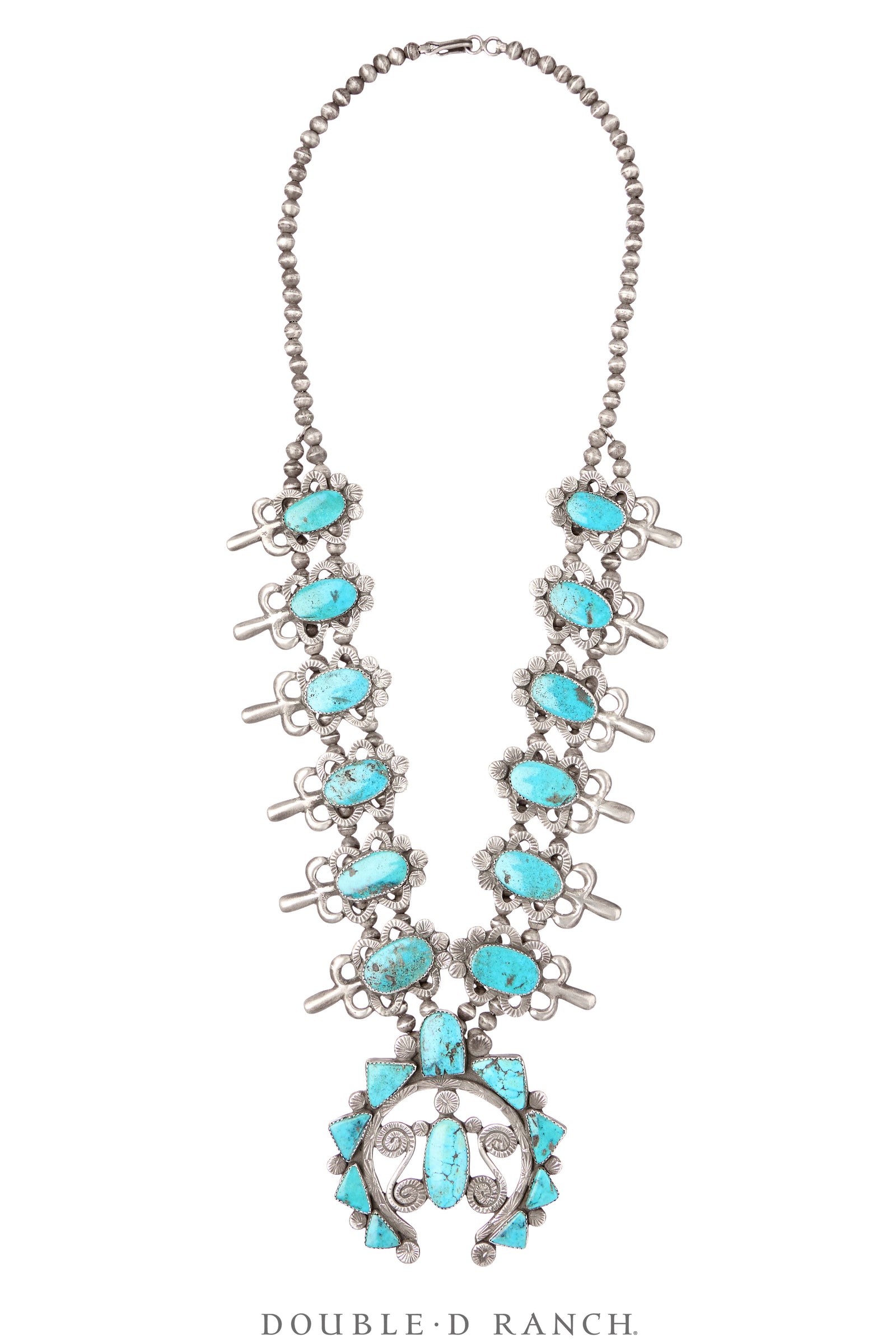 Necklace, Squash Blossom, Turquoise, Marked, Attributed to Dan Simplicio, Vintage ‘50s, 3632